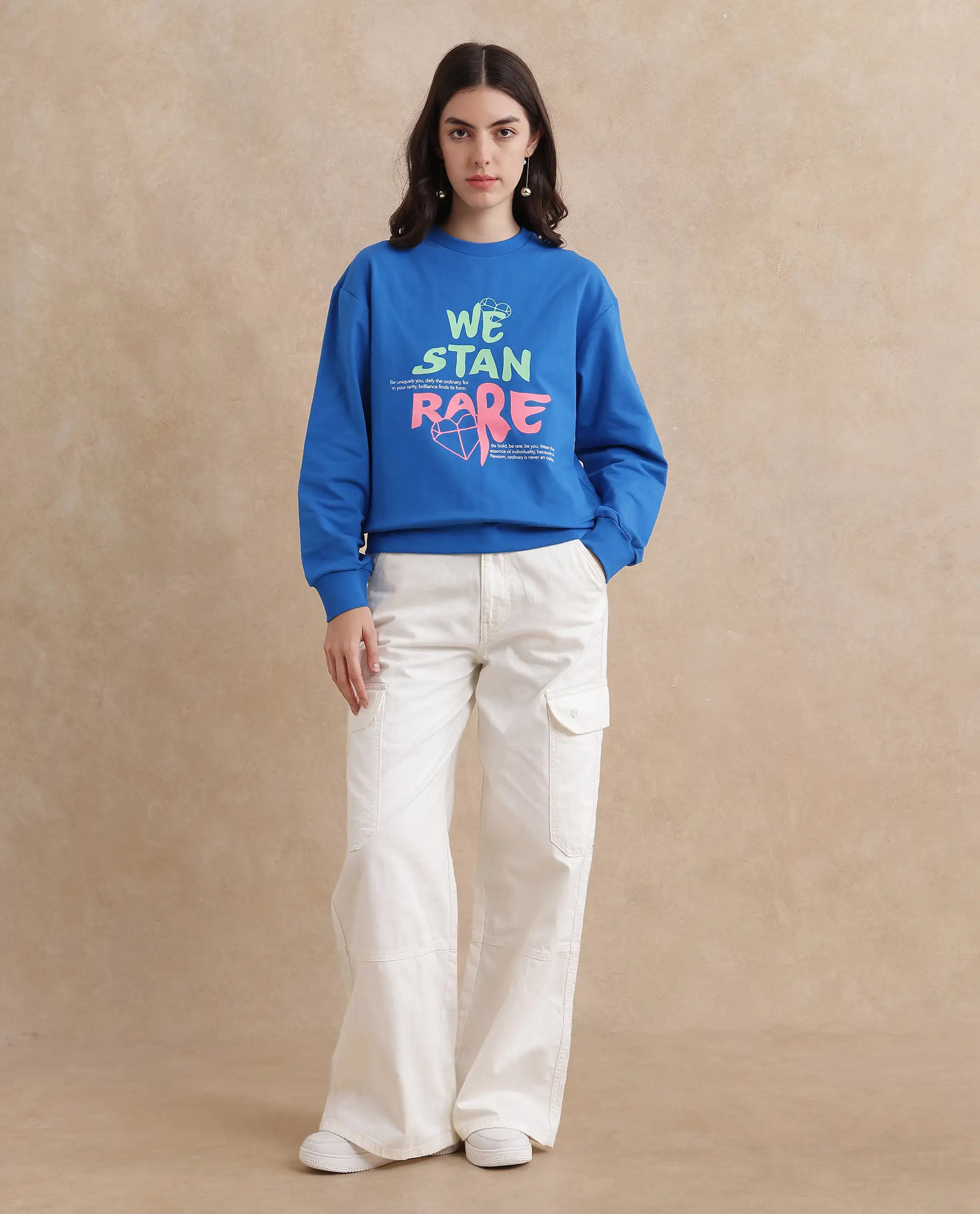 Rareism Women's Fuzer Blue Cotton Blend Crew Neck Graphic Print Relaxed Fit Sweatshirt - Image 7