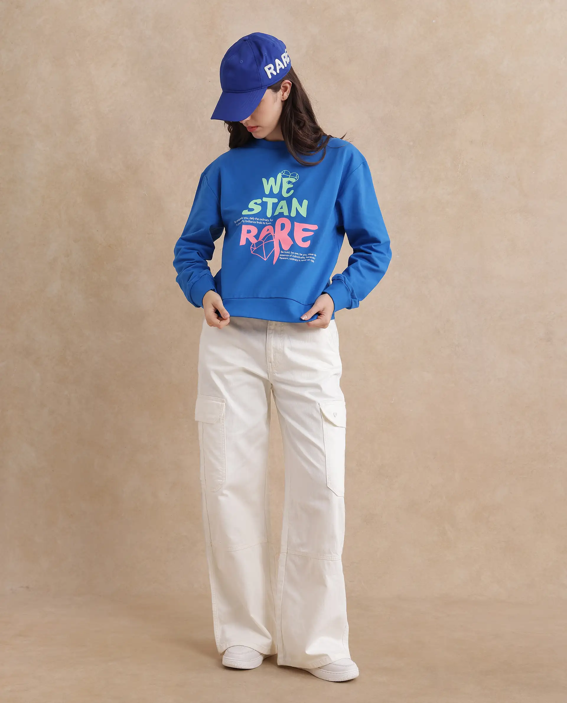 Rareism Women's Fuzer Blue Cotton Blend Crew Neck Graphic Print Relaxed Fit Sweatshirt - Image 8