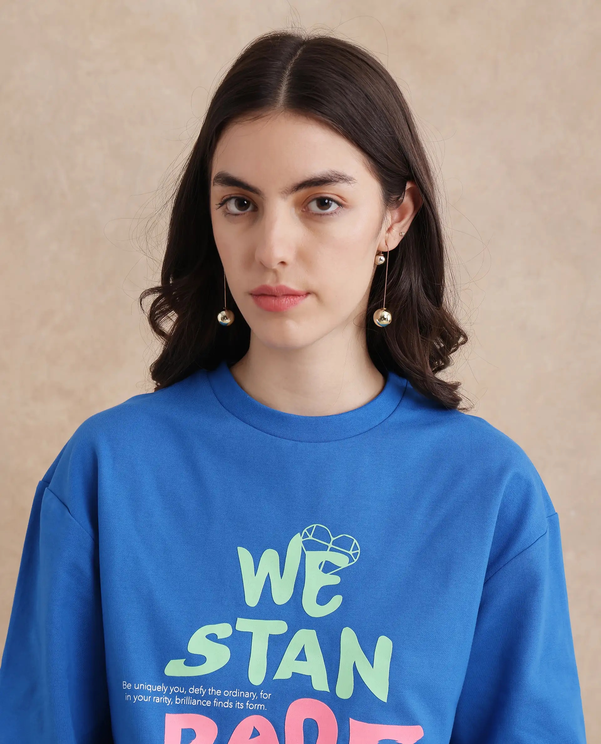 Rareism Women's Fuzer Blue Cotton Blend Crew Neck Graphic Print Relaxed Fit Sweatshirt - Image 9