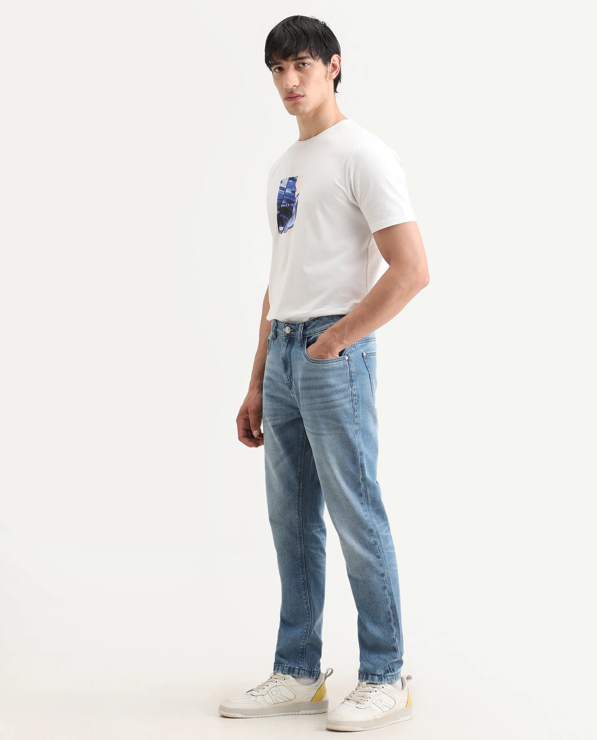 Rare Rabbit Men's Fynn Light Blue Cotton Fabric Kurt Carrot Plain Jeans - Image 5