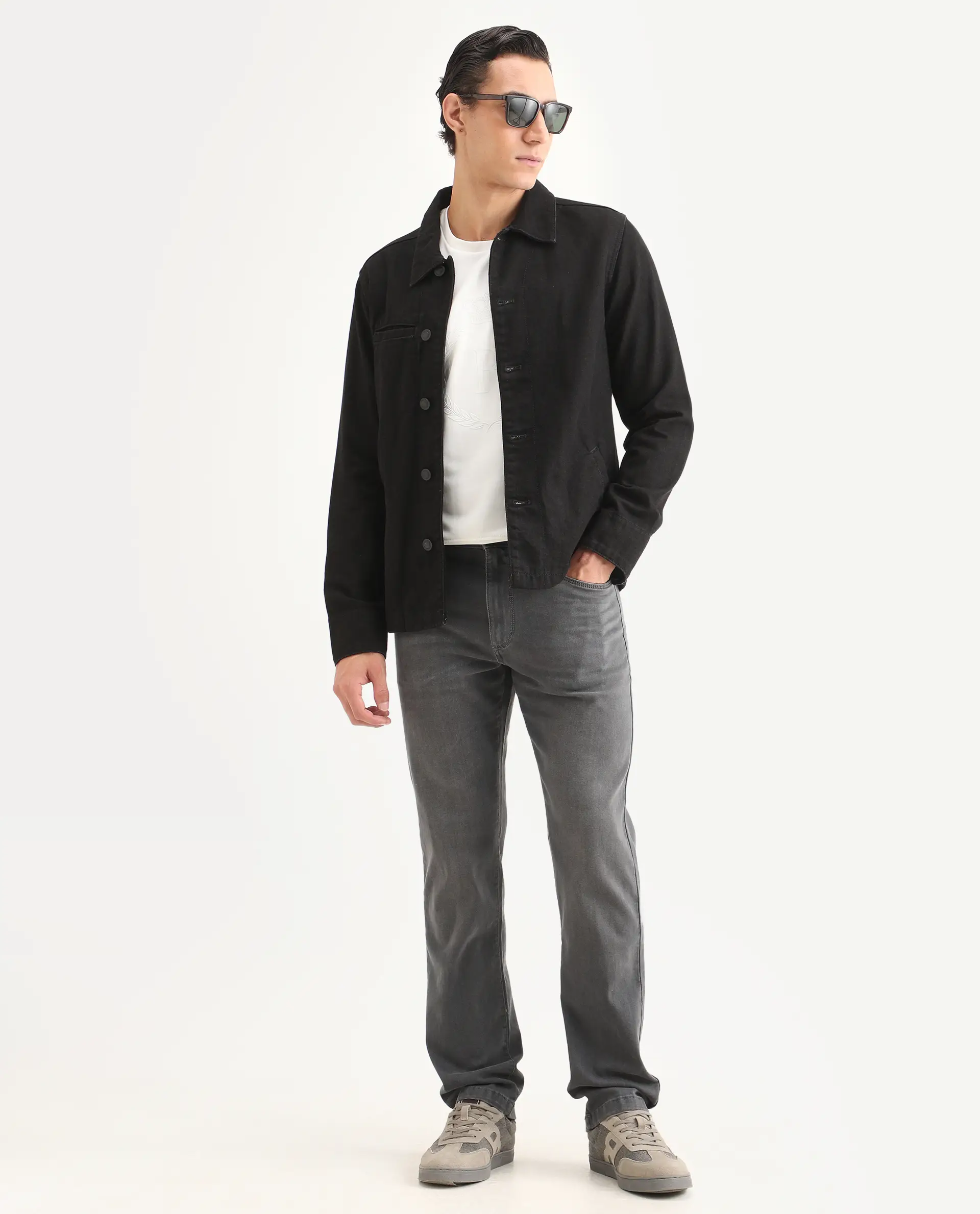 Rare Rabbit Men's Fyod 26 Dark Grey Cotton Blend Fabric Morris Regular Fit Plain Jeans