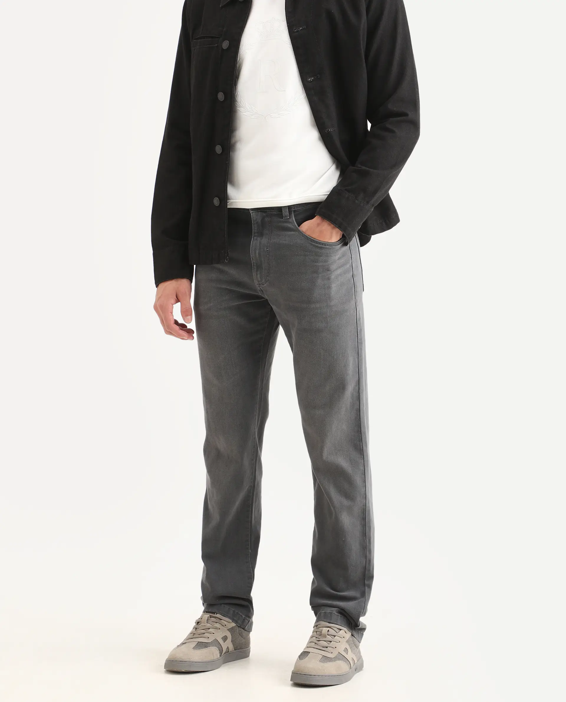 Rare Rabbit Men's Fyod 26 Dark Grey Cotton Blend Fabric Morris Regular Fit Plain Jeans - Image 2