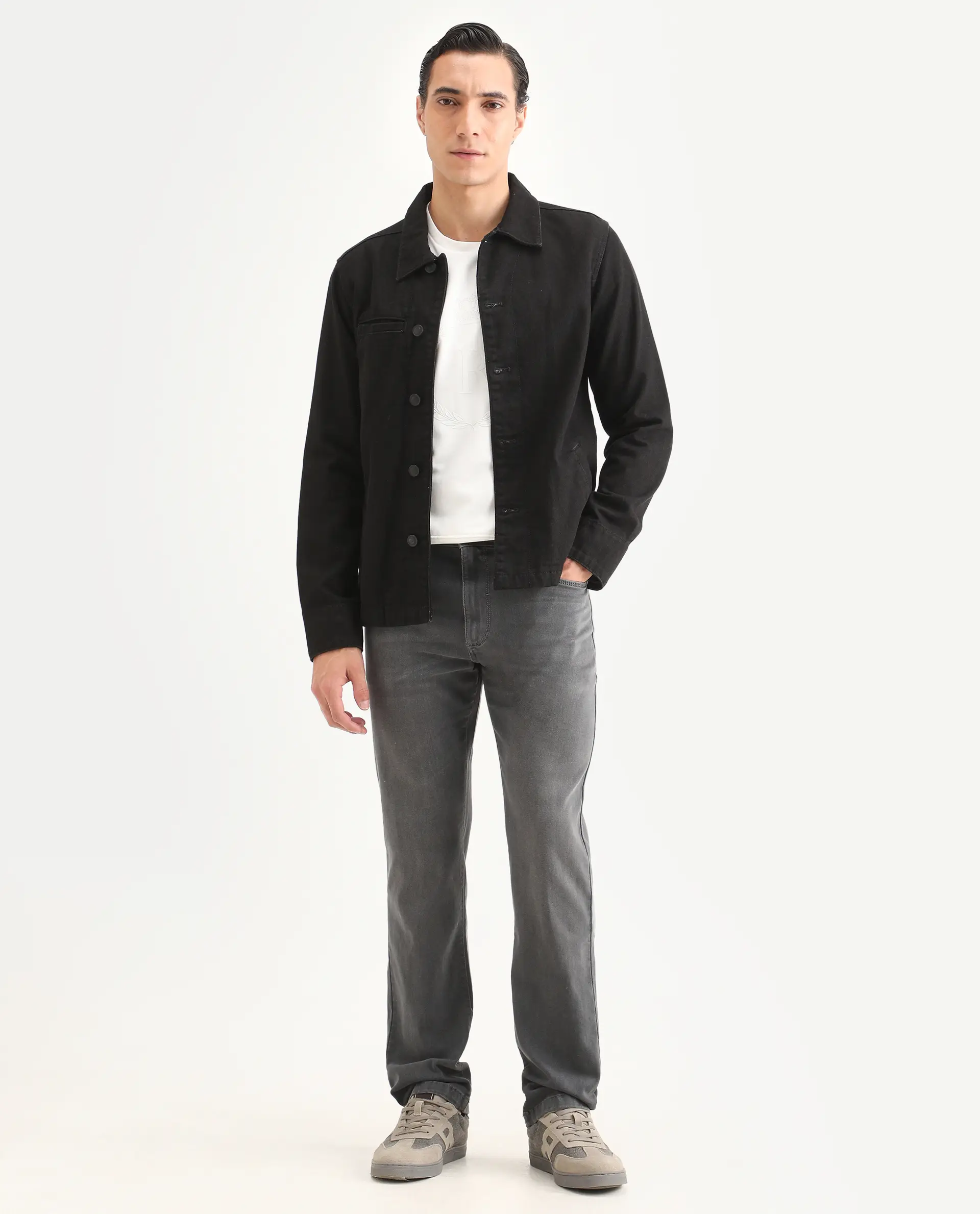 Rare Rabbit Men's Fyod 26 Dark Grey Cotton Blend Fabric Morris Regular Fit Plain Jeans - Image 4