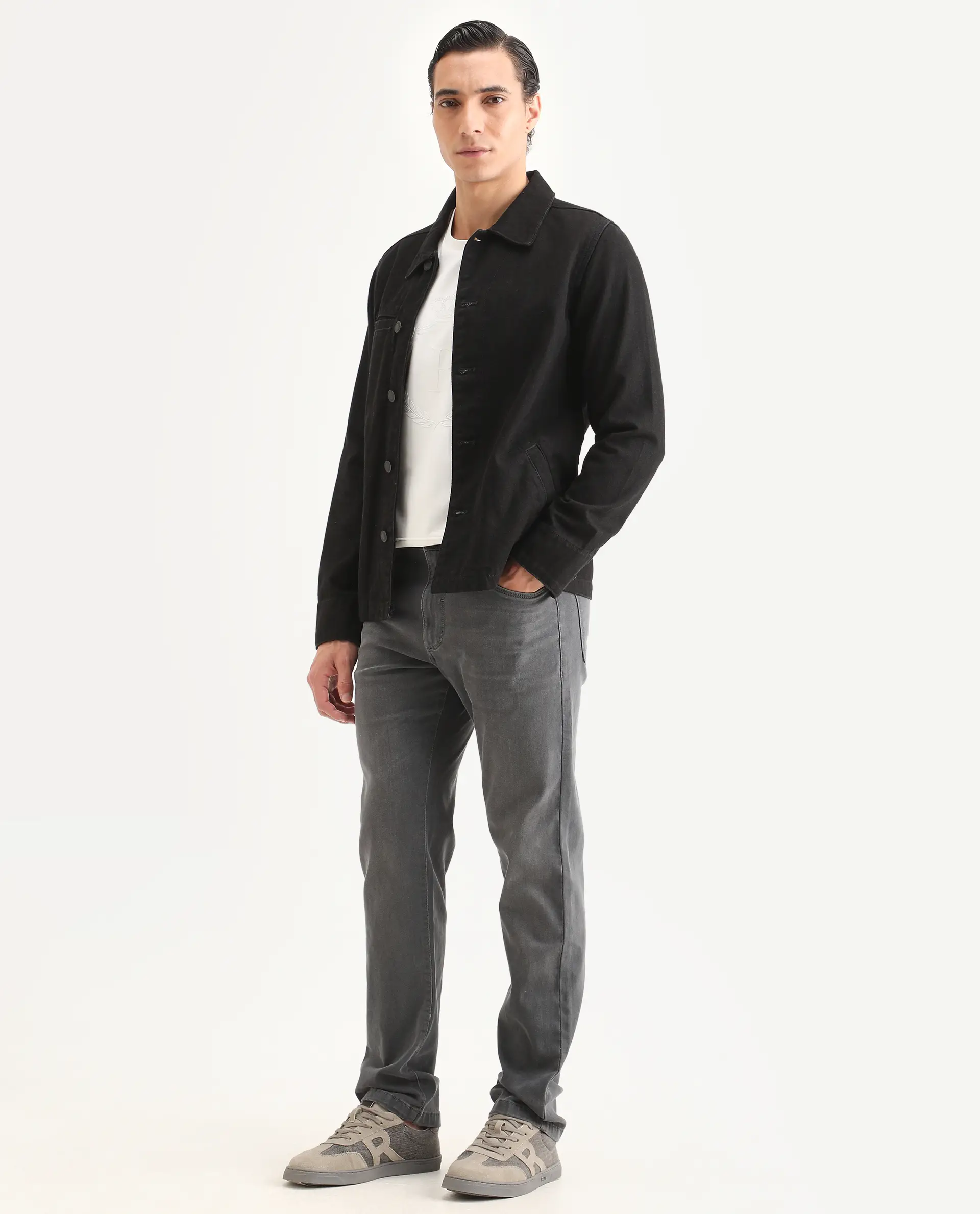 Rare Rabbit Men's Fyod 26 Dark Grey Cotton Blend Fabric Morris Regular Fit Plain Jeans - Image 5