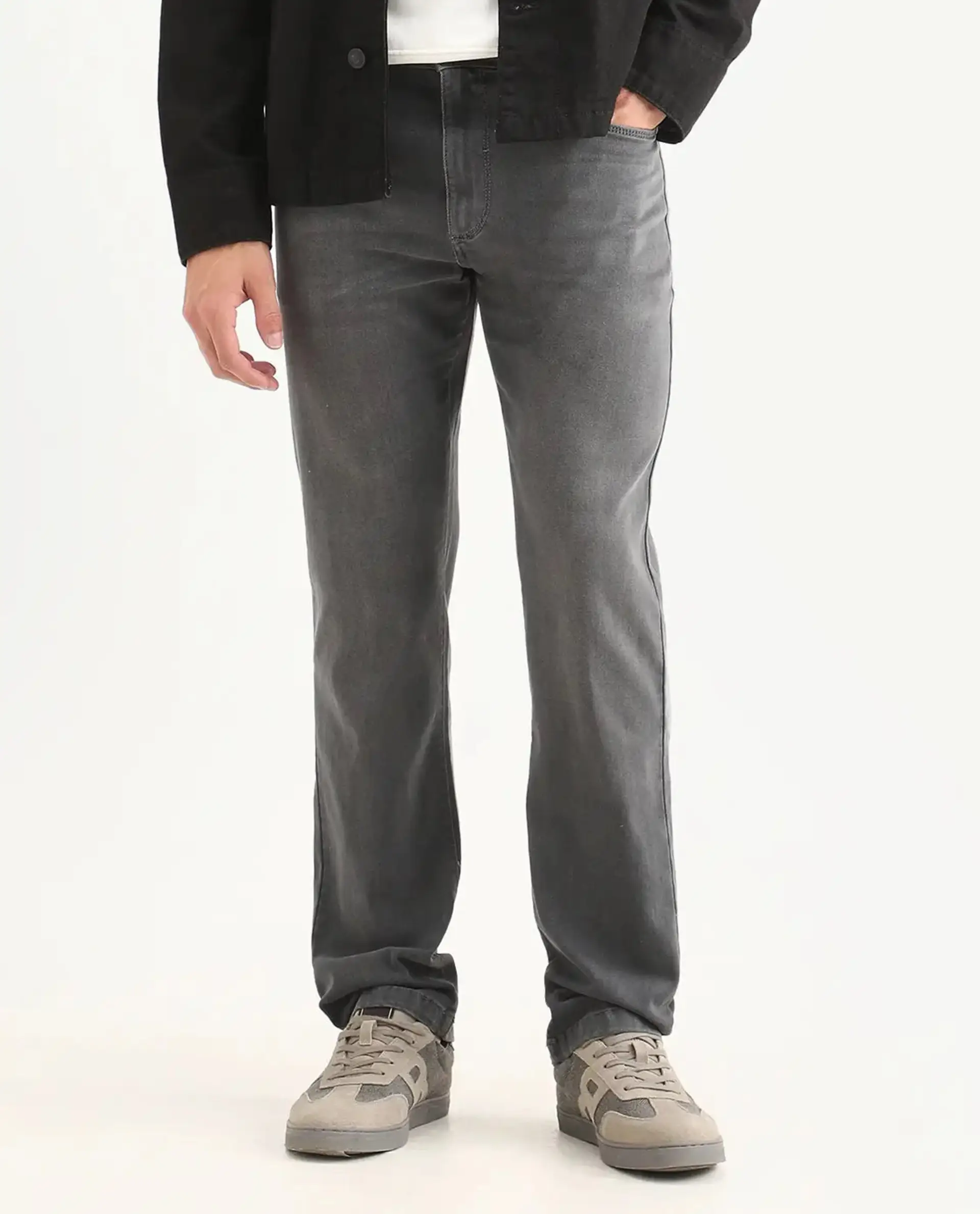 Rare Rabbit Men's Fyod 26 Dark Grey Cotton Blend Fabric Morris Regular Fit Plain Jeans - Image 9