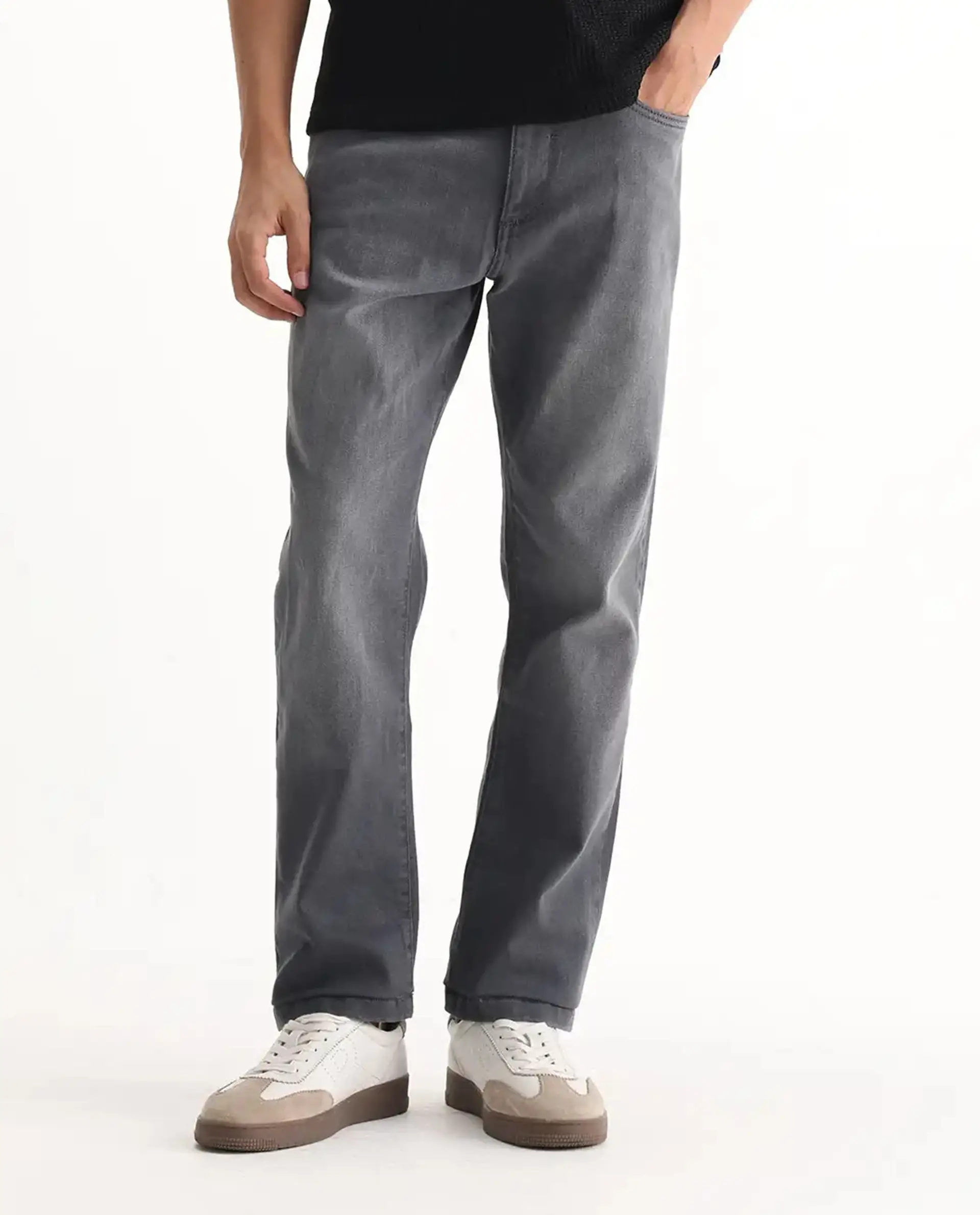 Rare Rabbit Men's Fyod Grey Cotton Plain Morris Regular Fit Jeans - Image 10
