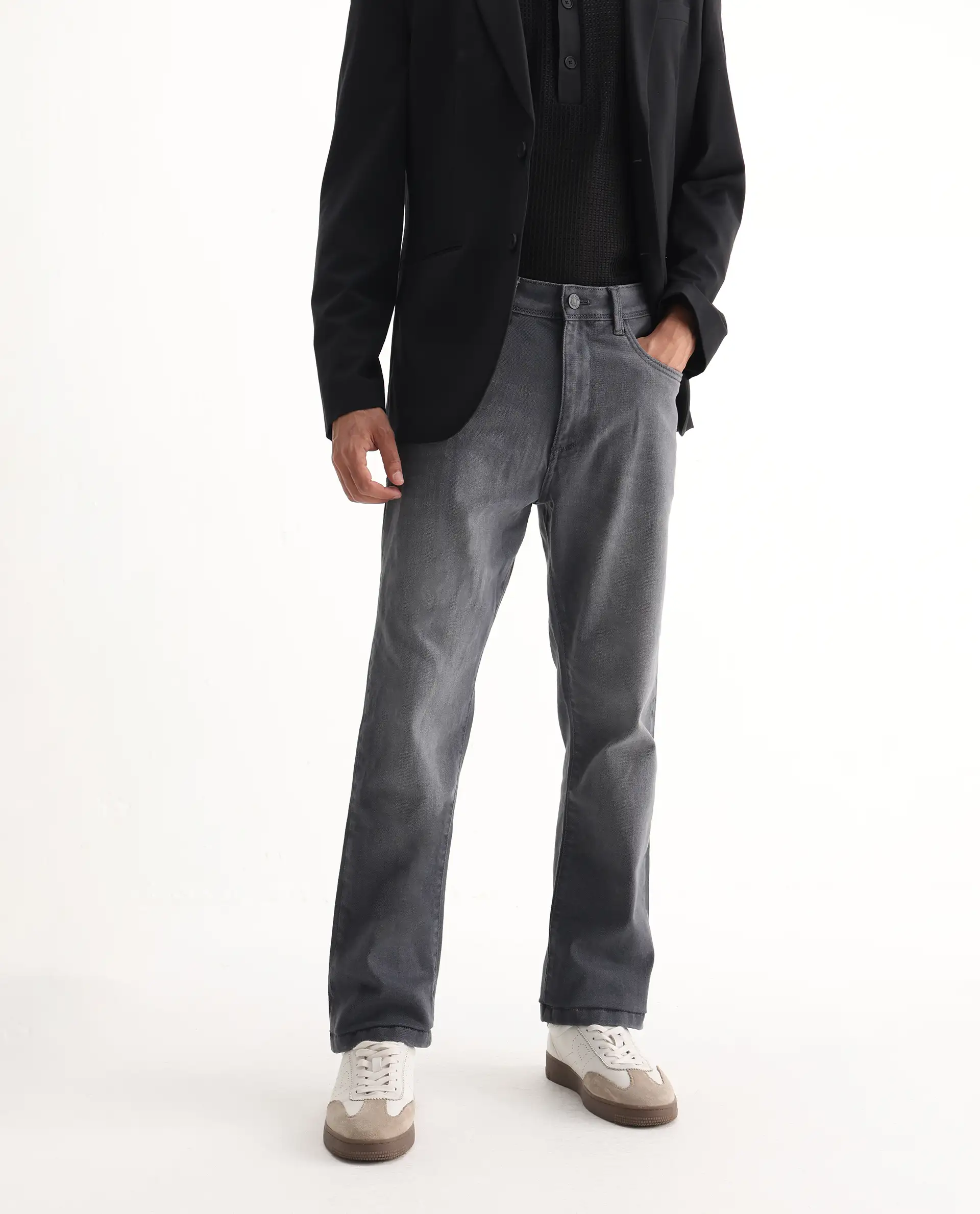 Rare Rabbit Men's Fyod Grey Cotton Plain Morris Regular Fit Jeans - Image 2