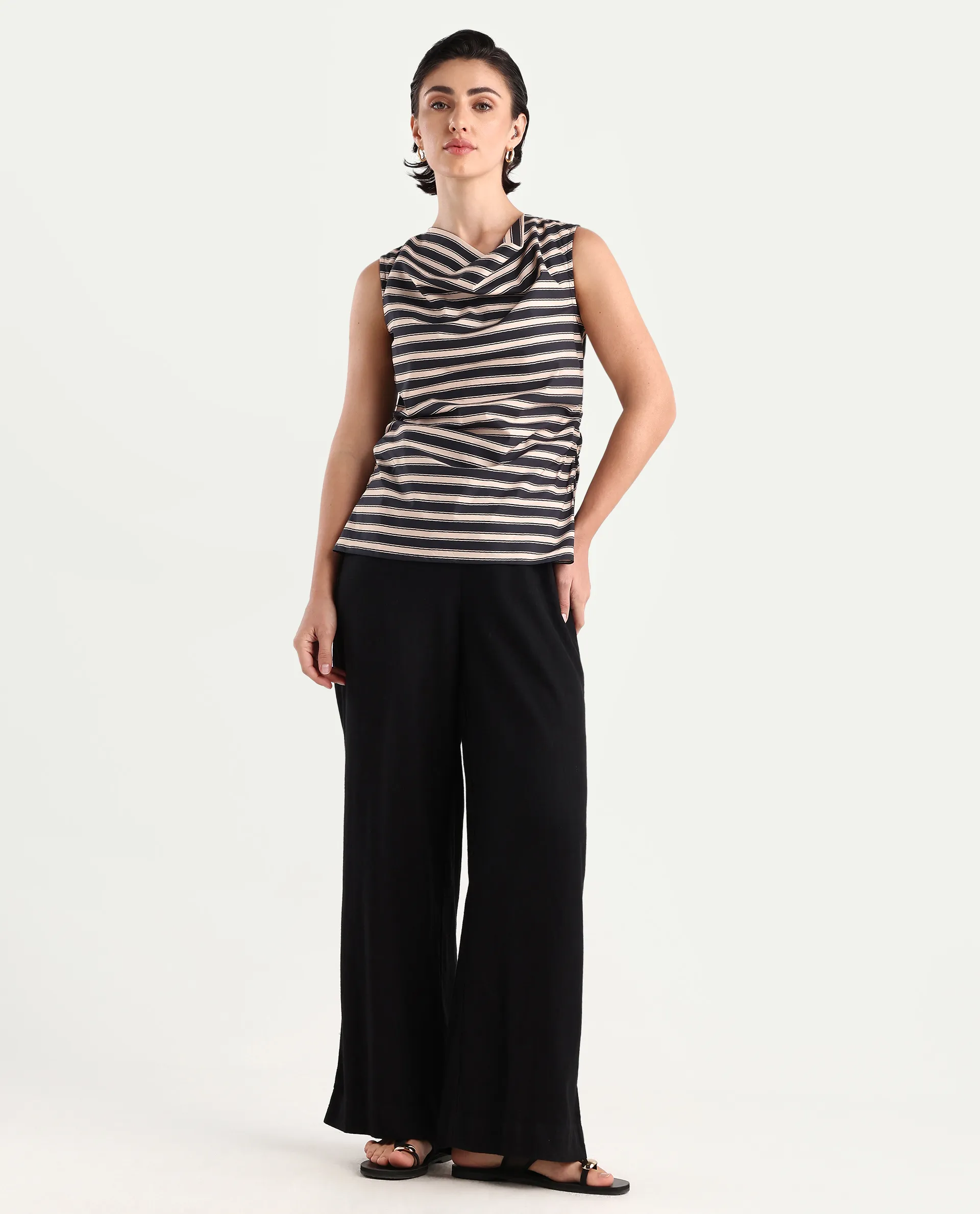 Rareism Women's Gaaro Black Poplin Cowl Neck Striped Sleeveless Regular Fit Top - Image 2