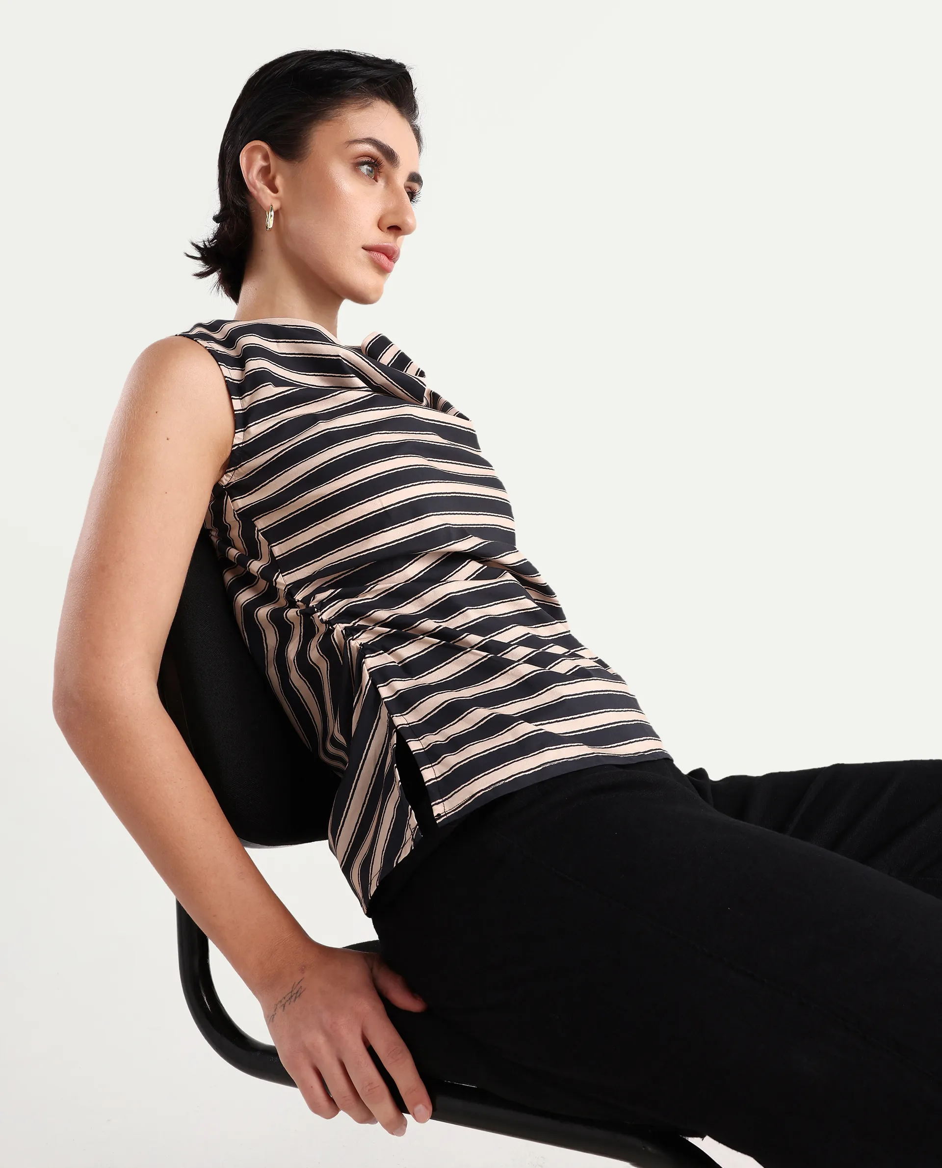 Rareism Women's Gaaro Black Poplin Cowl Neck Striped Sleeveless Regular Fit Top - Image 3