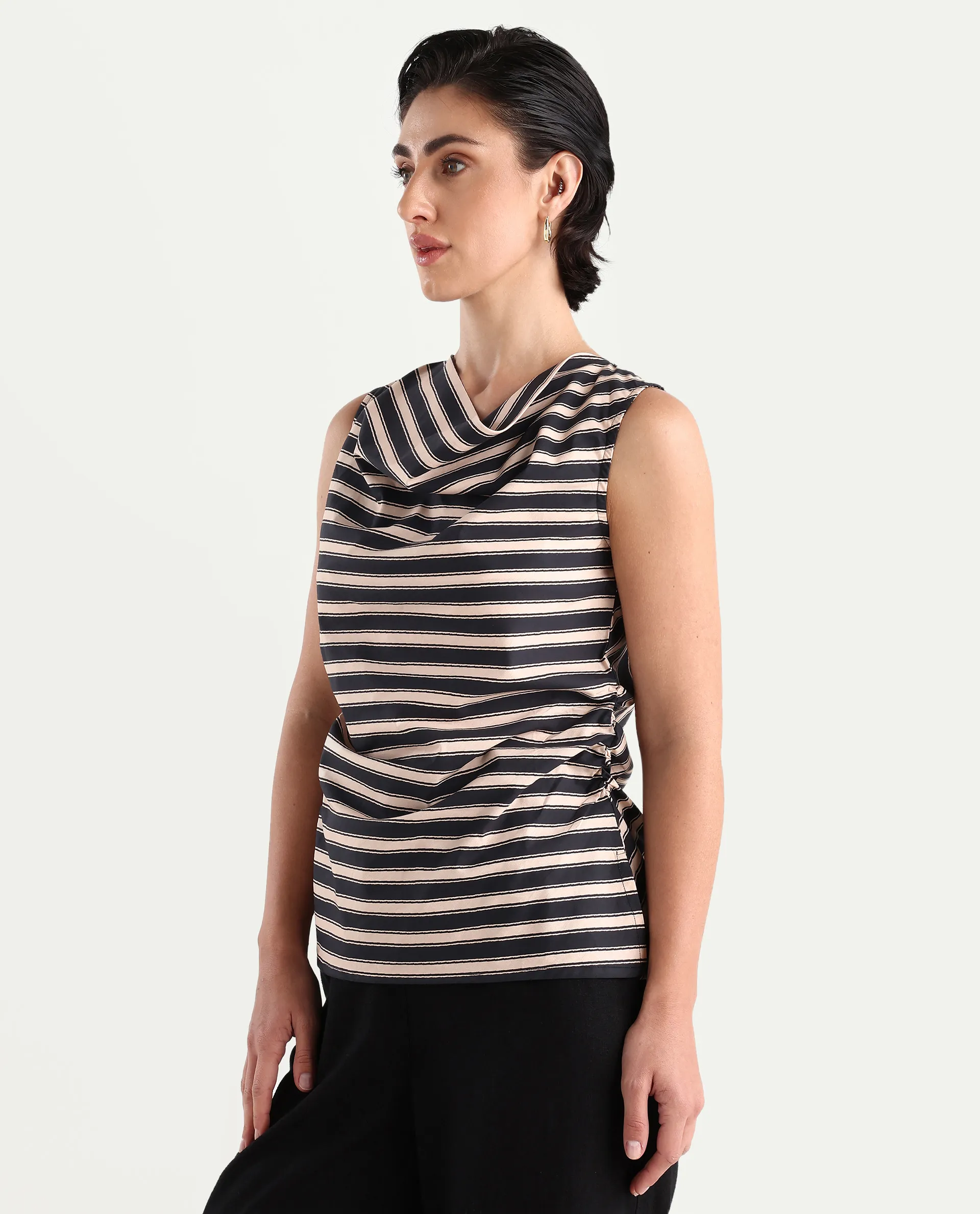 Rareism Women's Gaaro Black Poplin Cowl Neck Striped Sleeveless Regular Fit Top - Image 5