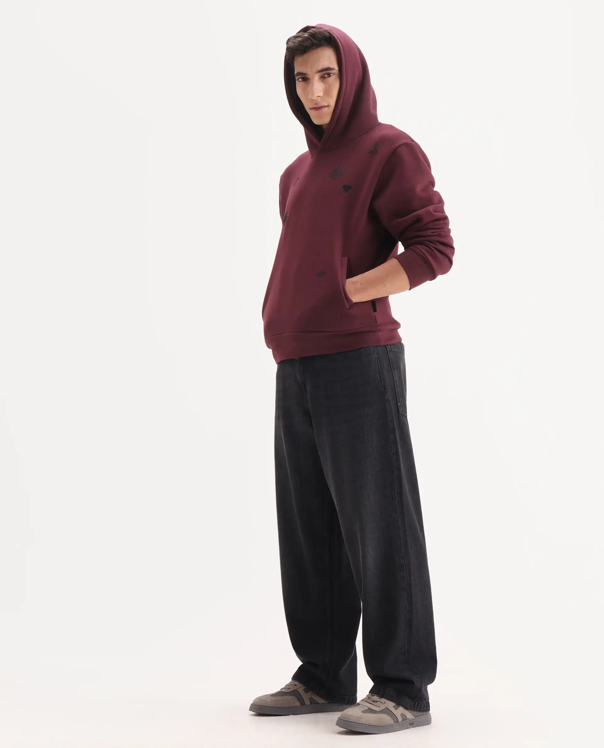 Rare Rabbit Men's Gabbs Dark Maroon Cotton Blend Fabric Full Sleeves Hooded Embroidered Sweatshirt - Image 2