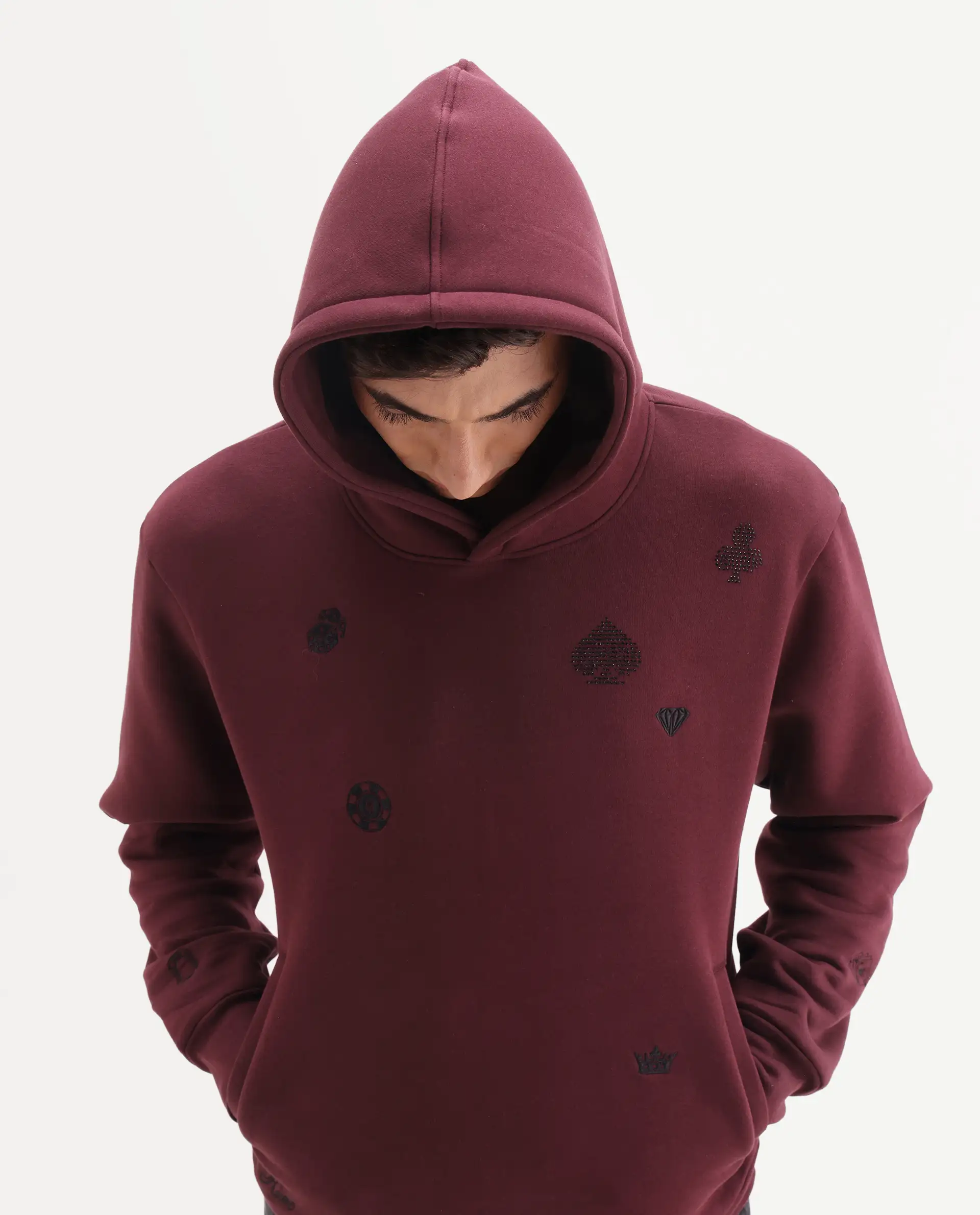Rare Rabbit Men's Gabbs Dark Maroon Cotton Blend Fabric Full Sleeves Hooded Embroidered Sweatshirt - Image 3