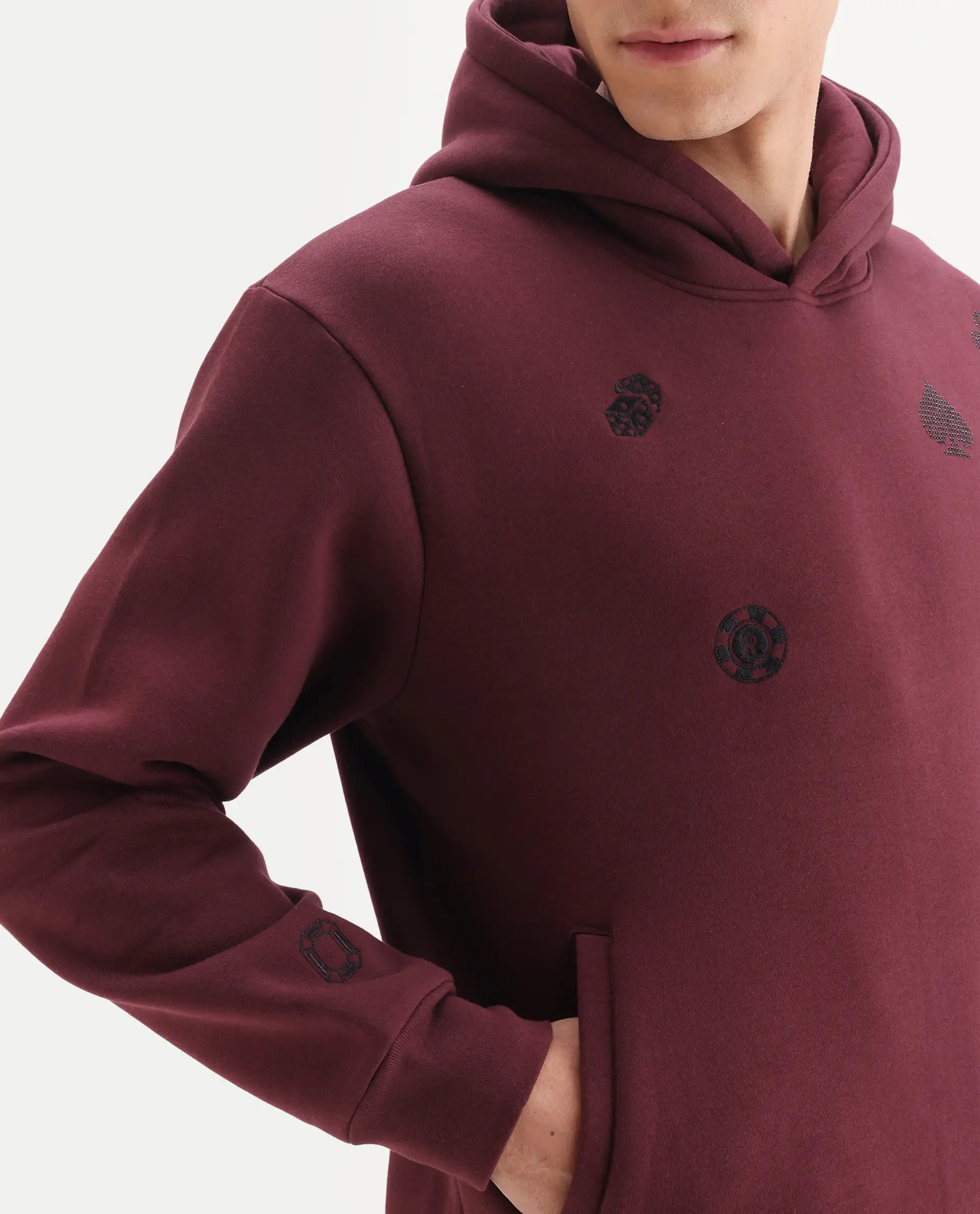Rare Rabbit Men's Gabbs Dark Maroon Cotton Blend Fabric Full Sleeves Hooded Embroidered Sweatshirt - Image 4