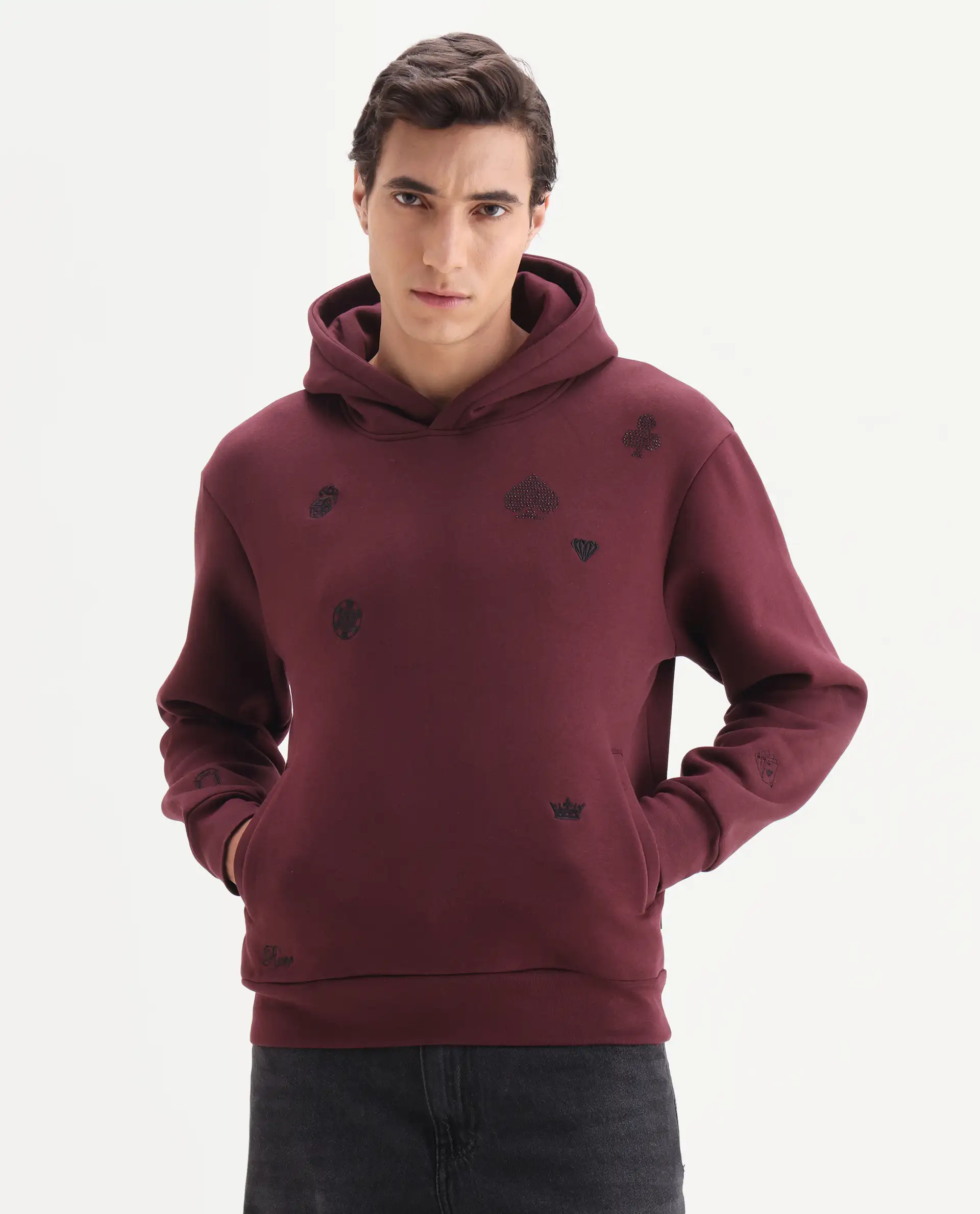 Rare Rabbit Men's Gabbs Dark Maroon Cotton Blend Fabric Full Sleeves Hooded Embroidered Sweatshirt - Image 5
