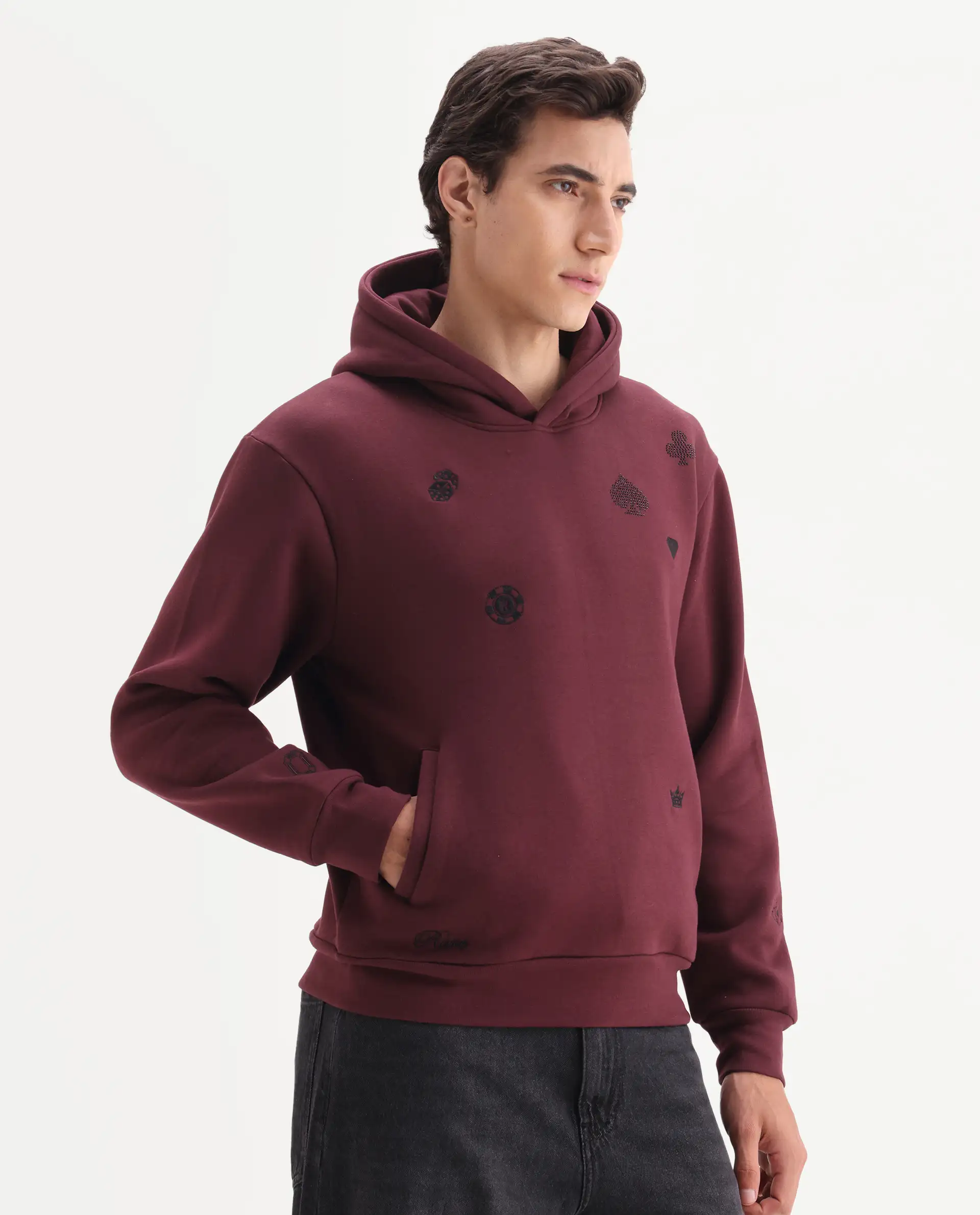 Rare Rabbit Men's Gabbs Dark Maroon Cotton Blend Fabric Full Sleeves Hooded Embroidered Sweatshirt - Image 6