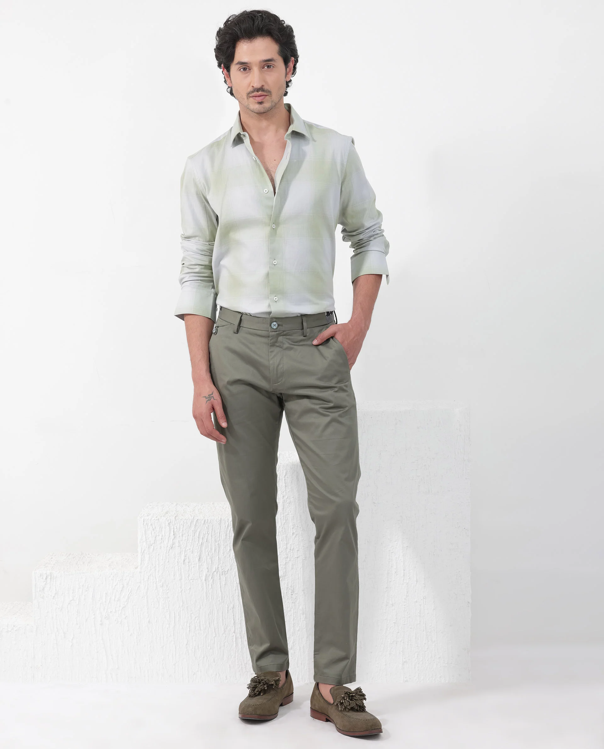 Rare Rabbit Men's Gabin Dusky Green Cotton Checked Print Regular Fit Full Sleeve Collared Shirt - Image 2