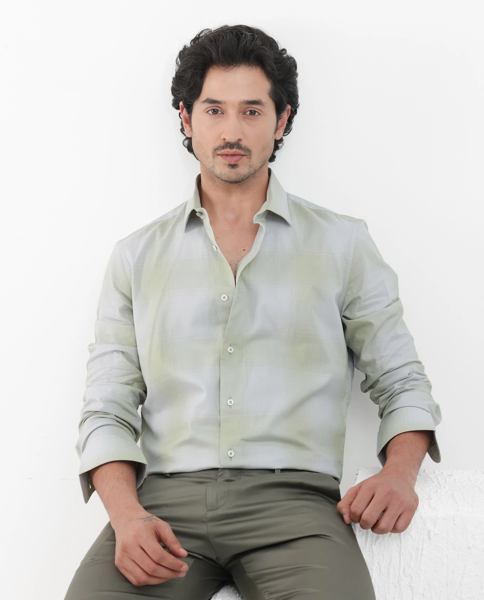 Rare Rabbit Men's Gabin Dusky Green Cotton Checked Print Regular Fit Full Sleeve Collared Shirt - Image 7