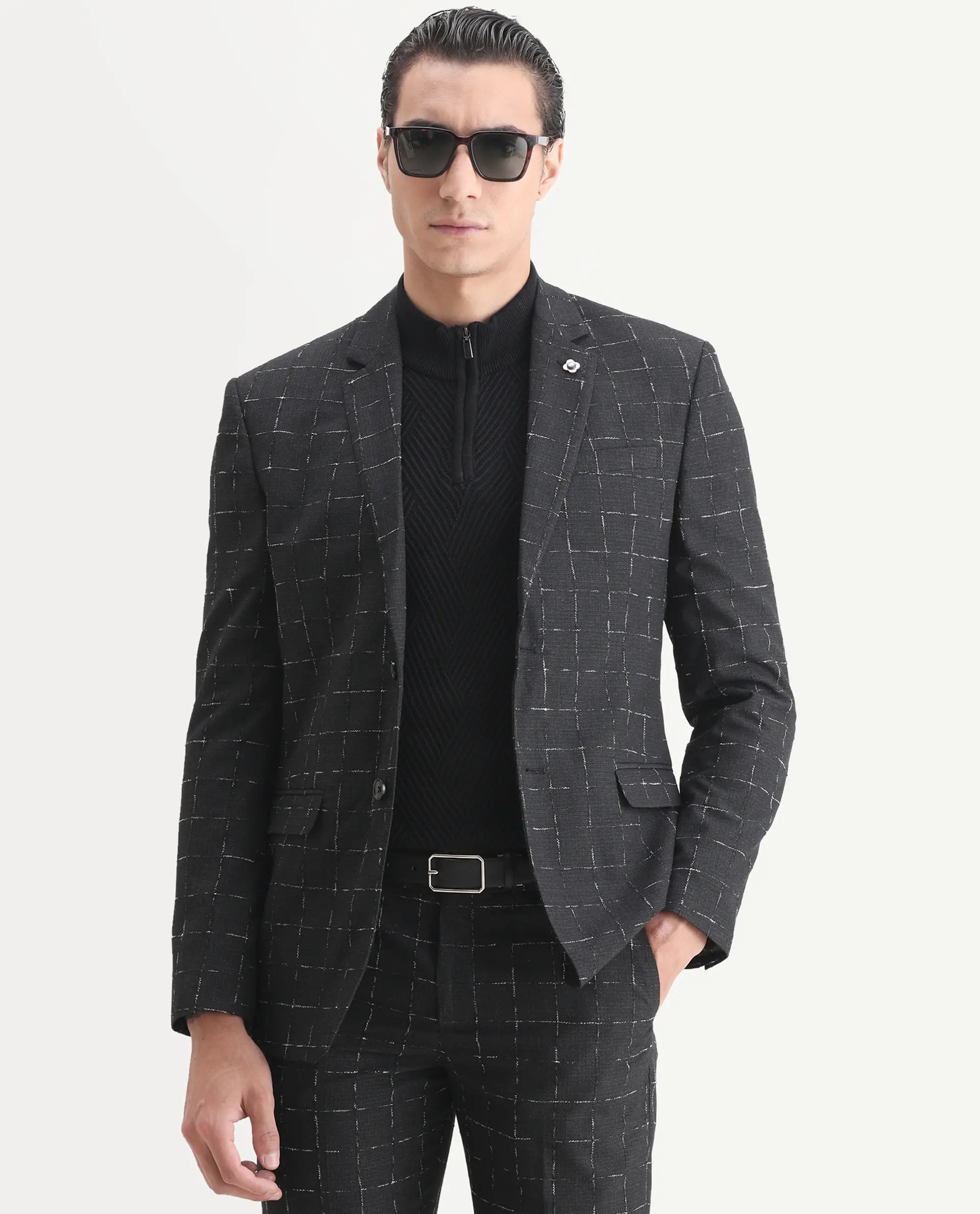 Rare Rabbit Men's Gabler Black Polyester Checked Print Tailored Fit Full Sleeve Lapel Neck Suits - Image 2
