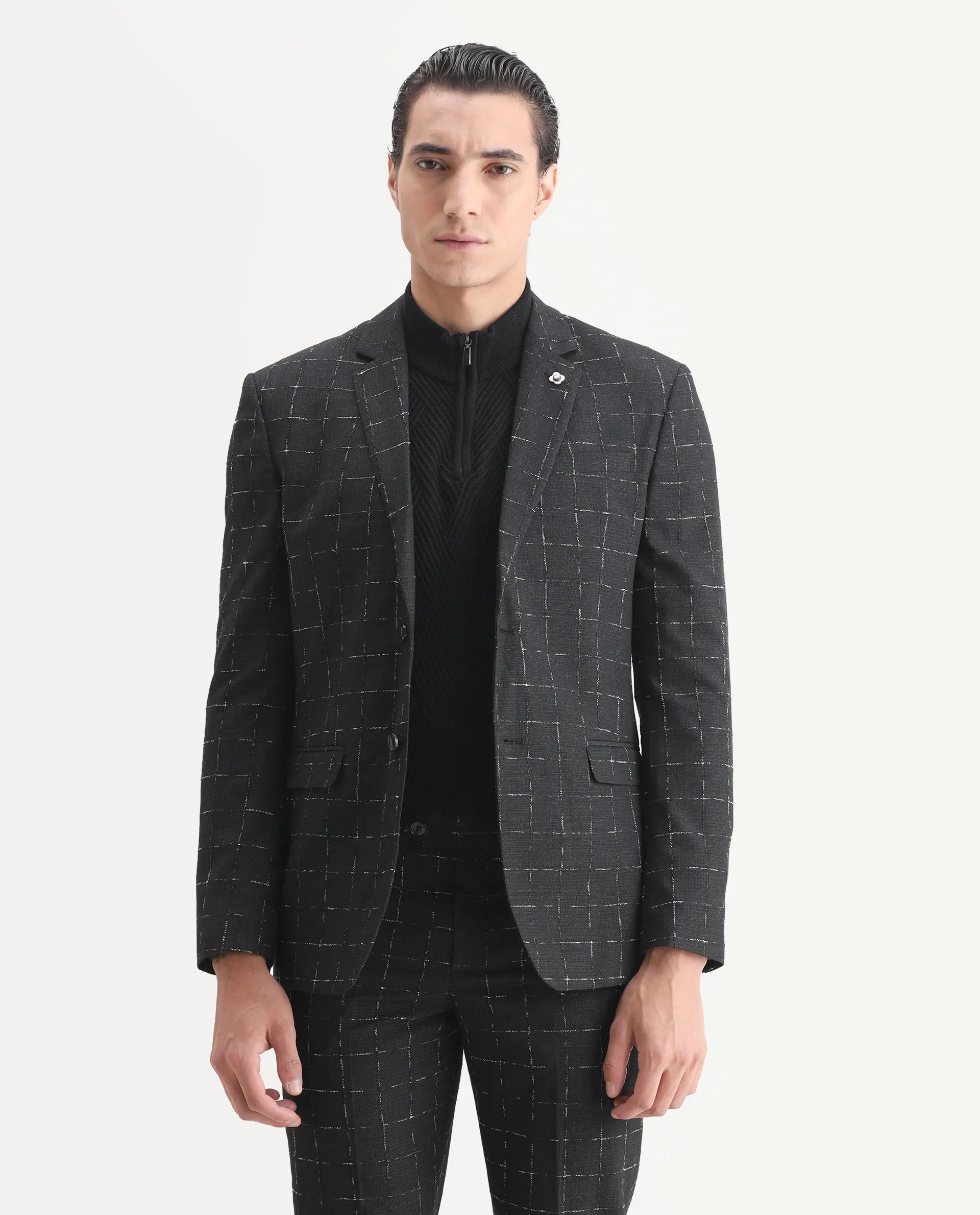 Rare Rabbit Men's Gabler Black Polyester Checked Print Tailored Fit Full Sleeve Lapel Neck Suits - Image 5