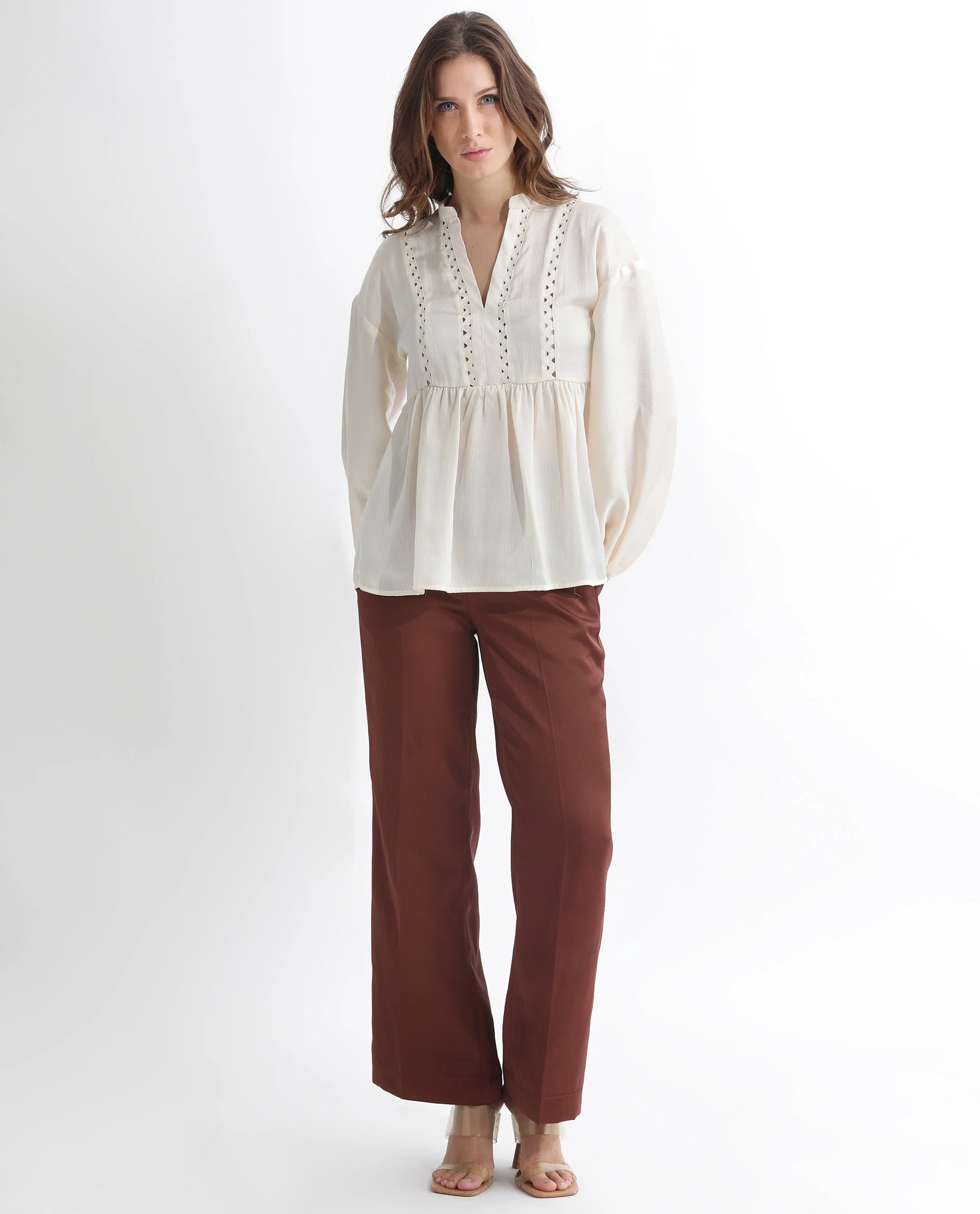 Rareism Women's Gail Off White Polyester V-Neck Plain Cuffed Sleeve Relaxed Fit Top - Image 2