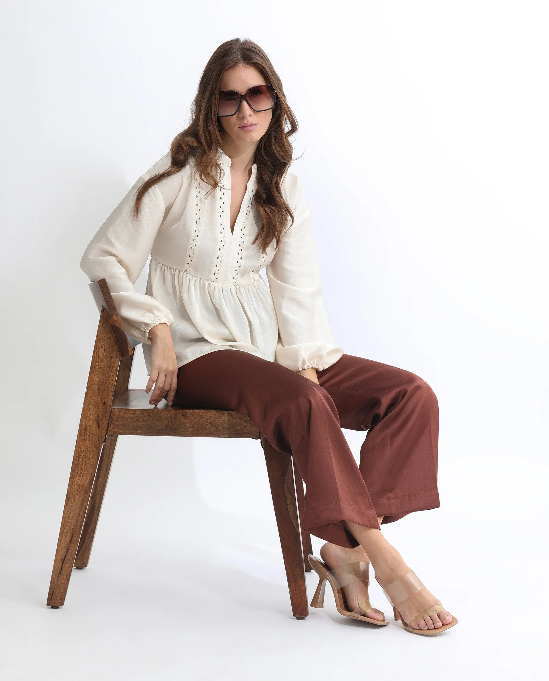 Rareism Women's Gail Off White Polyester V-Neck Plain Cuffed Sleeve Relaxed Fit Top - Image 9