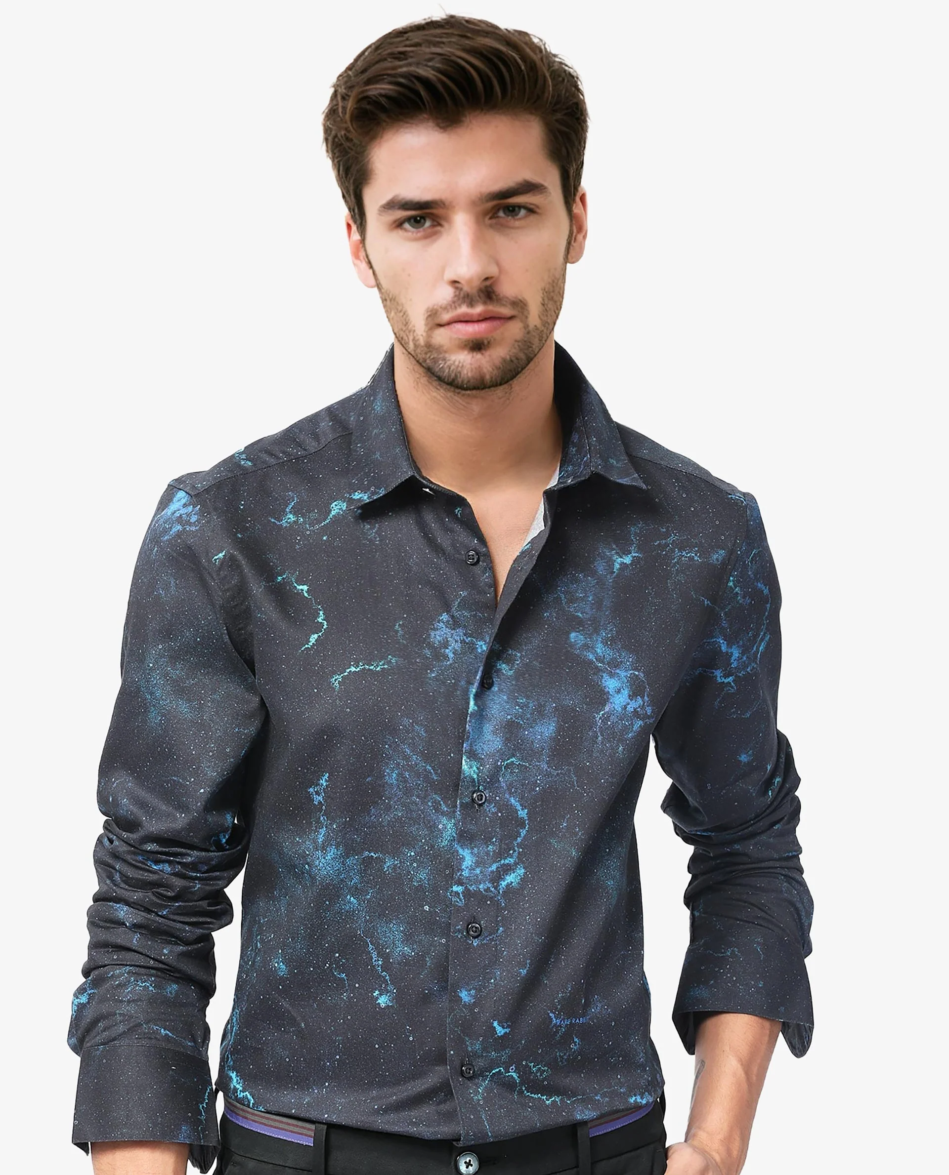 Rare Rabbit Men's Galaxx Navy Cotton Abstract Print Regular Fit Full Sleeve Collared Shirt