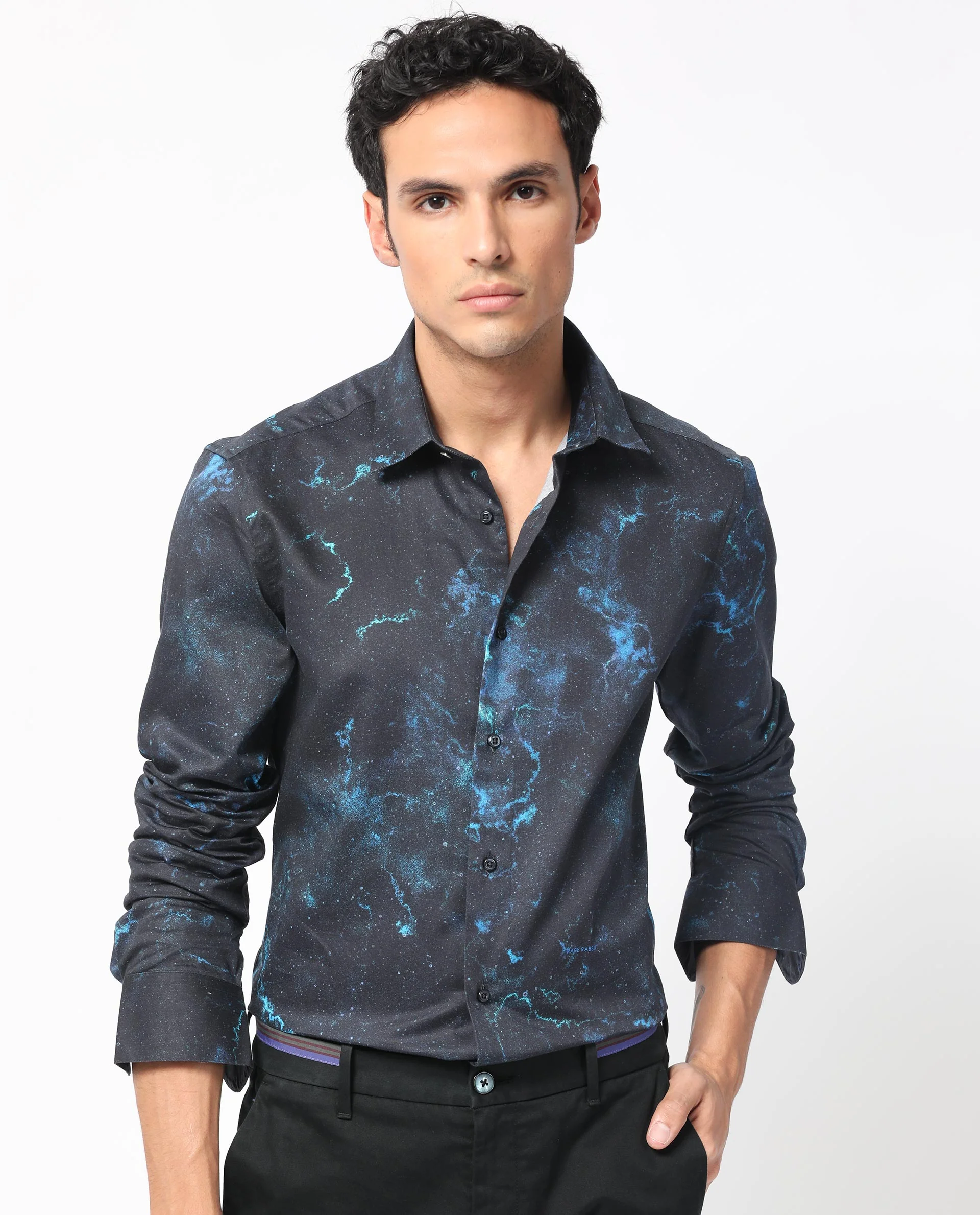 Rare Rabbit Men's Galaxx Navy Cotton Abstract Print Regular Fit Full Sleeve Collared Shirt - Image 2