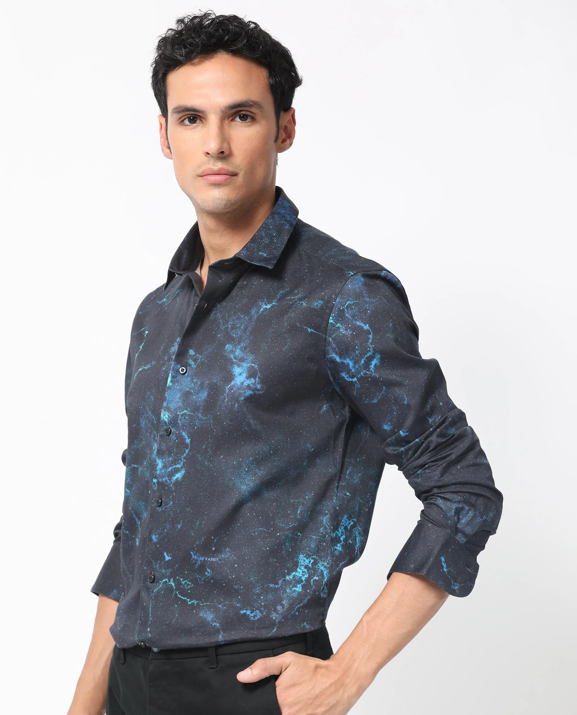 Rare Rabbit Men's Galaxx Navy Cotton Abstract Print Regular Fit Full Sleeve Collared Shirt - Image 4