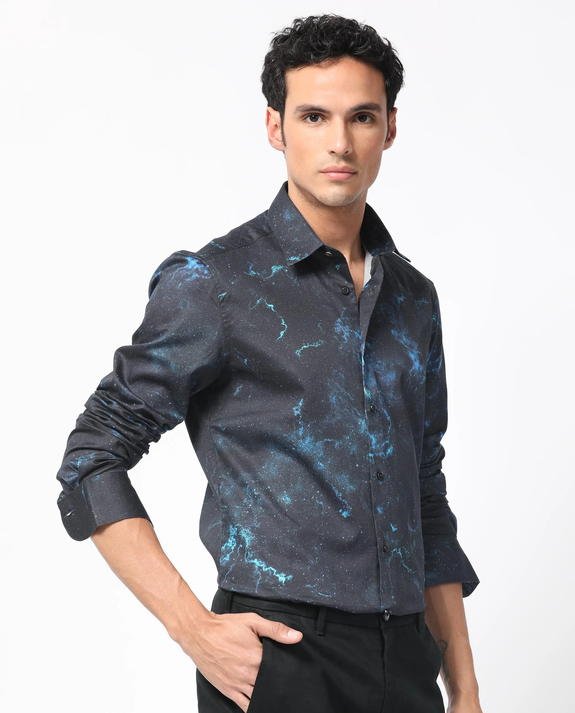 Rare Rabbit Men's Galaxx Navy Cotton Abstract Print Regular Fit Full Sleeve Collared Shirt - Image 7