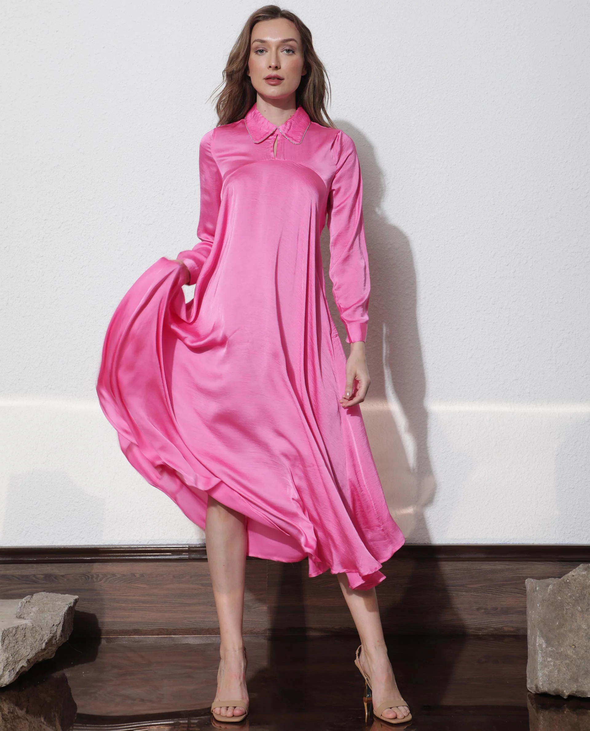 Rareism Women's Galaxyy Pink Modal Spread Collar Plain Maxi Regular Fit Dress