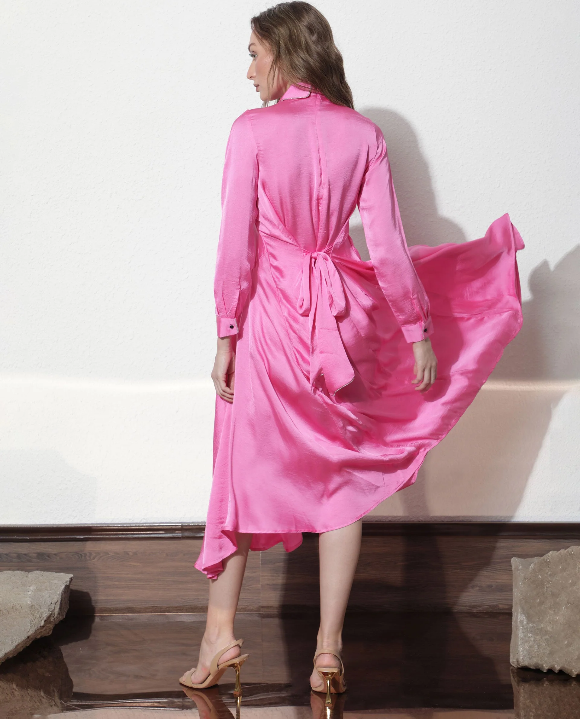 Rareism Women's Galaxyy Pink Modal Spread Collar Plain Maxi Regular Fit Dress - Image 11