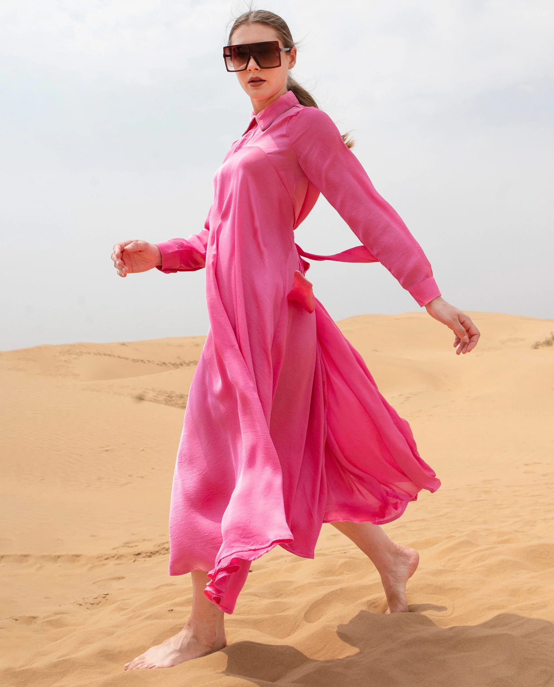Rareism Women's Galaxyy Pink Modal Spread Collar Plain Maxi Regular Fit Dress - Image 12