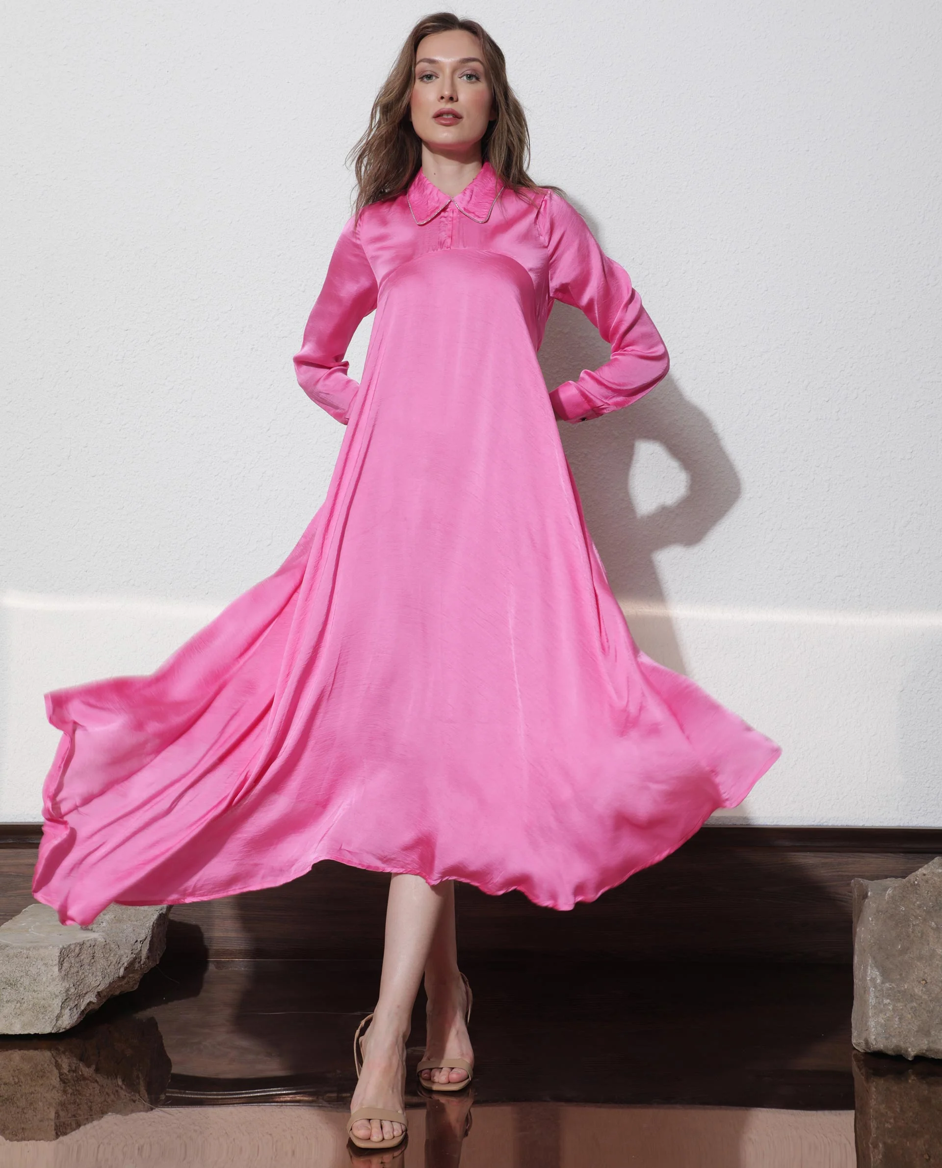 Rareism Women's Galaxyy Pink Modal Spread Collar Plain Maxi Regular Fit Dress - Image 4