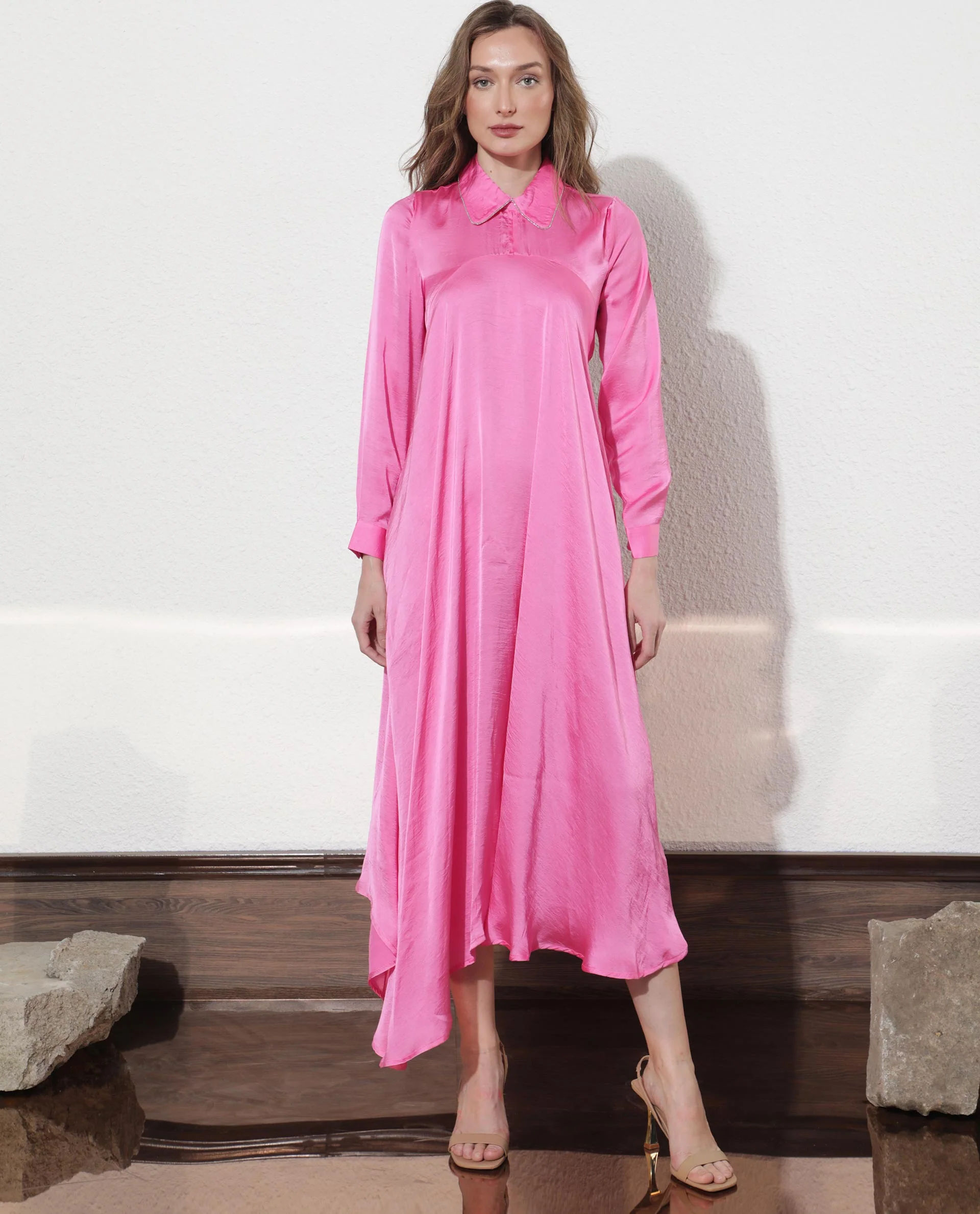 Rareism Women's Galaxyy Pink Modal Spread Collar Plain Maxi Regular Fit Dress - Image 5
