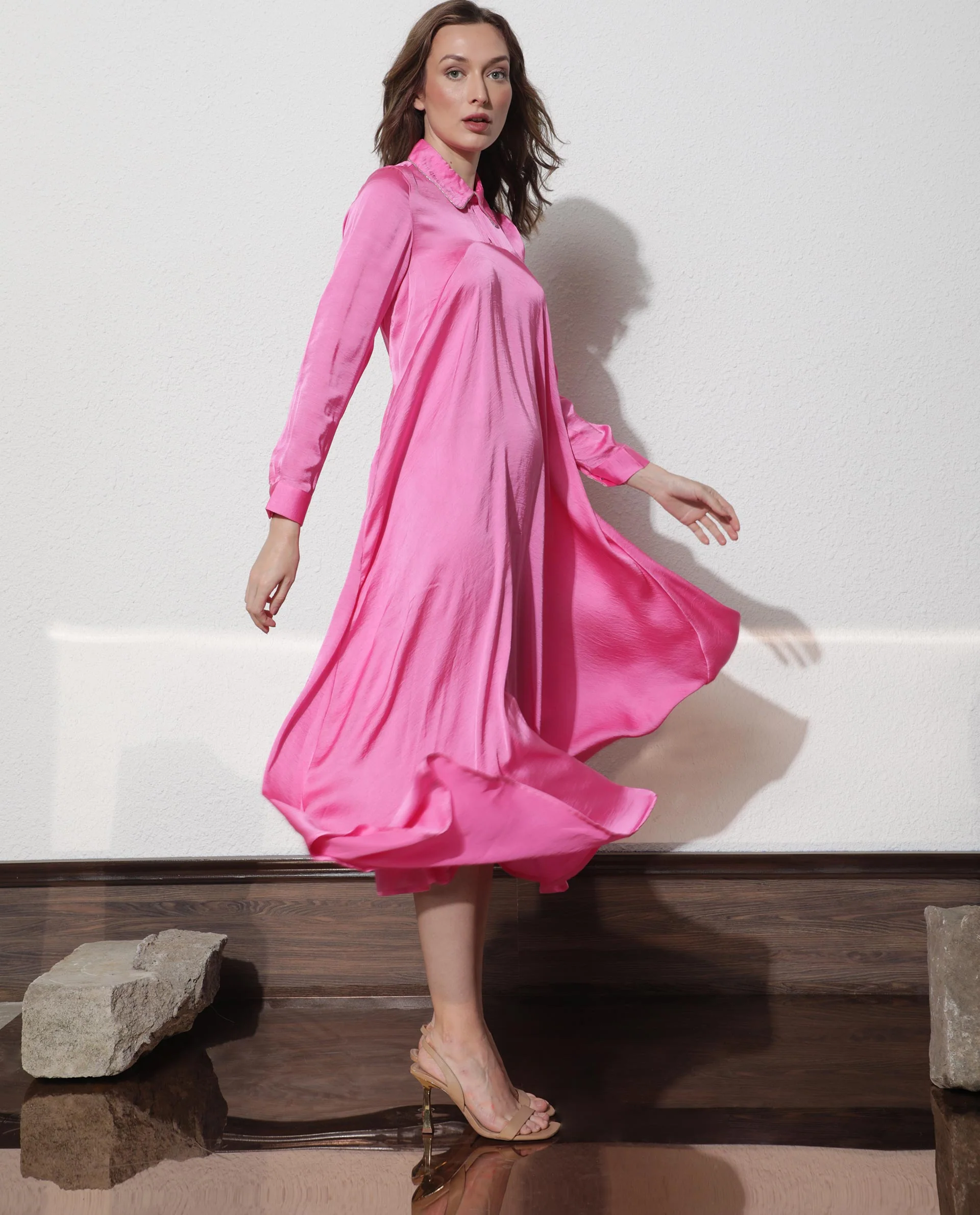 Rareism Women's Galaxyy Pink Modal Spread Collar Plain Maxi Regular Fit Dress - Image 6
