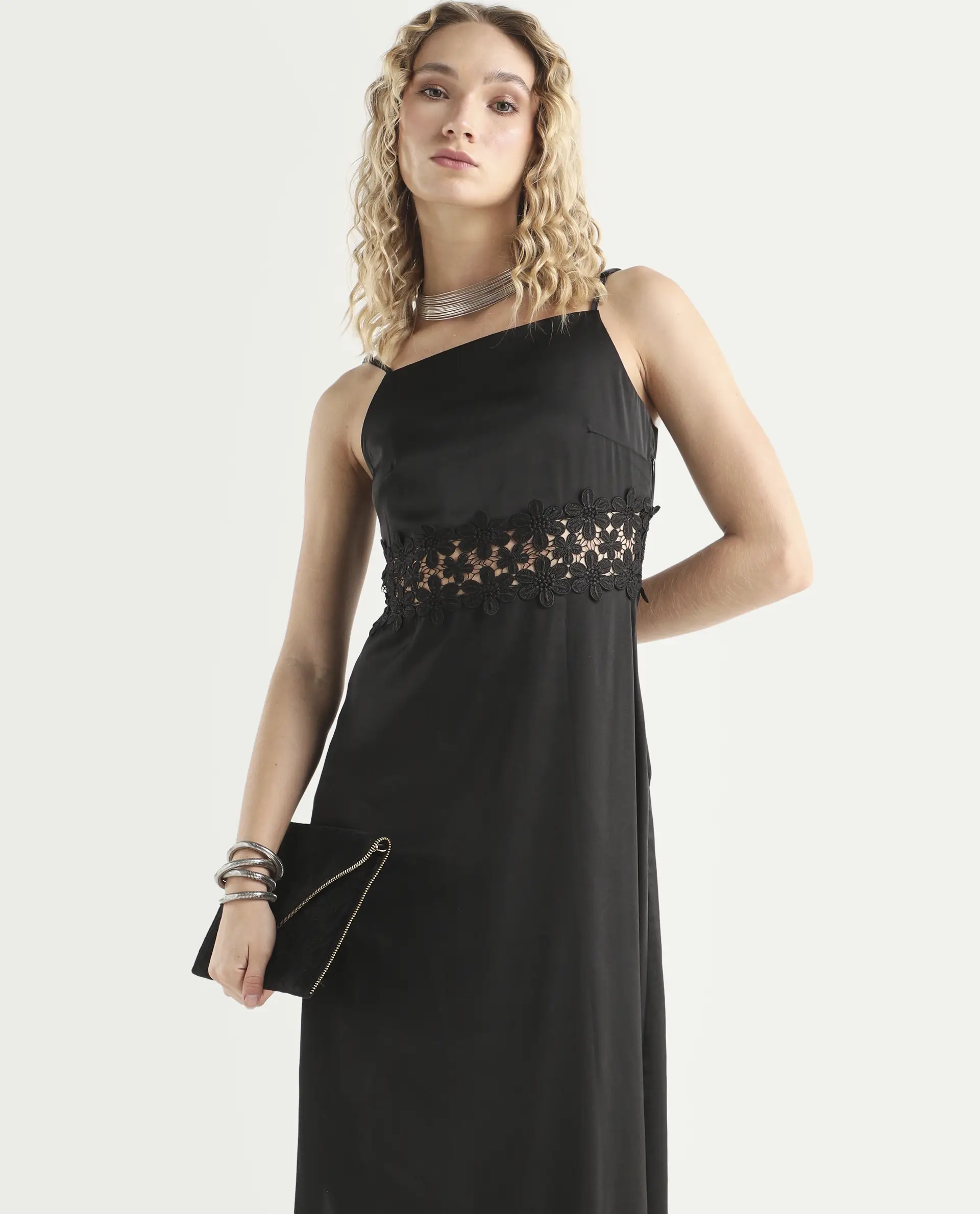 Rareism Women's Galcia Black Polyester Shoulder Strap Plain Shoulder Strap Maxi A-Line Dress