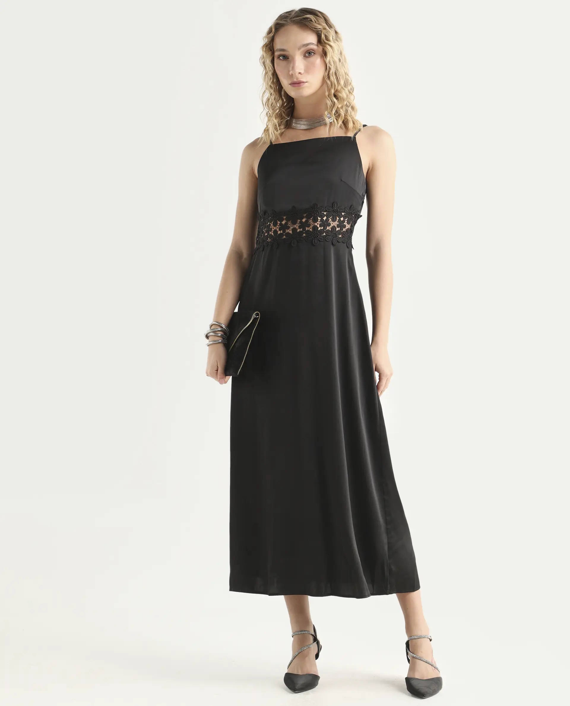 Rareism Women's Galcia Black Polyester Shoulder Strap Plain Shoulder Strap Maxi A-Line Dress - Image 2