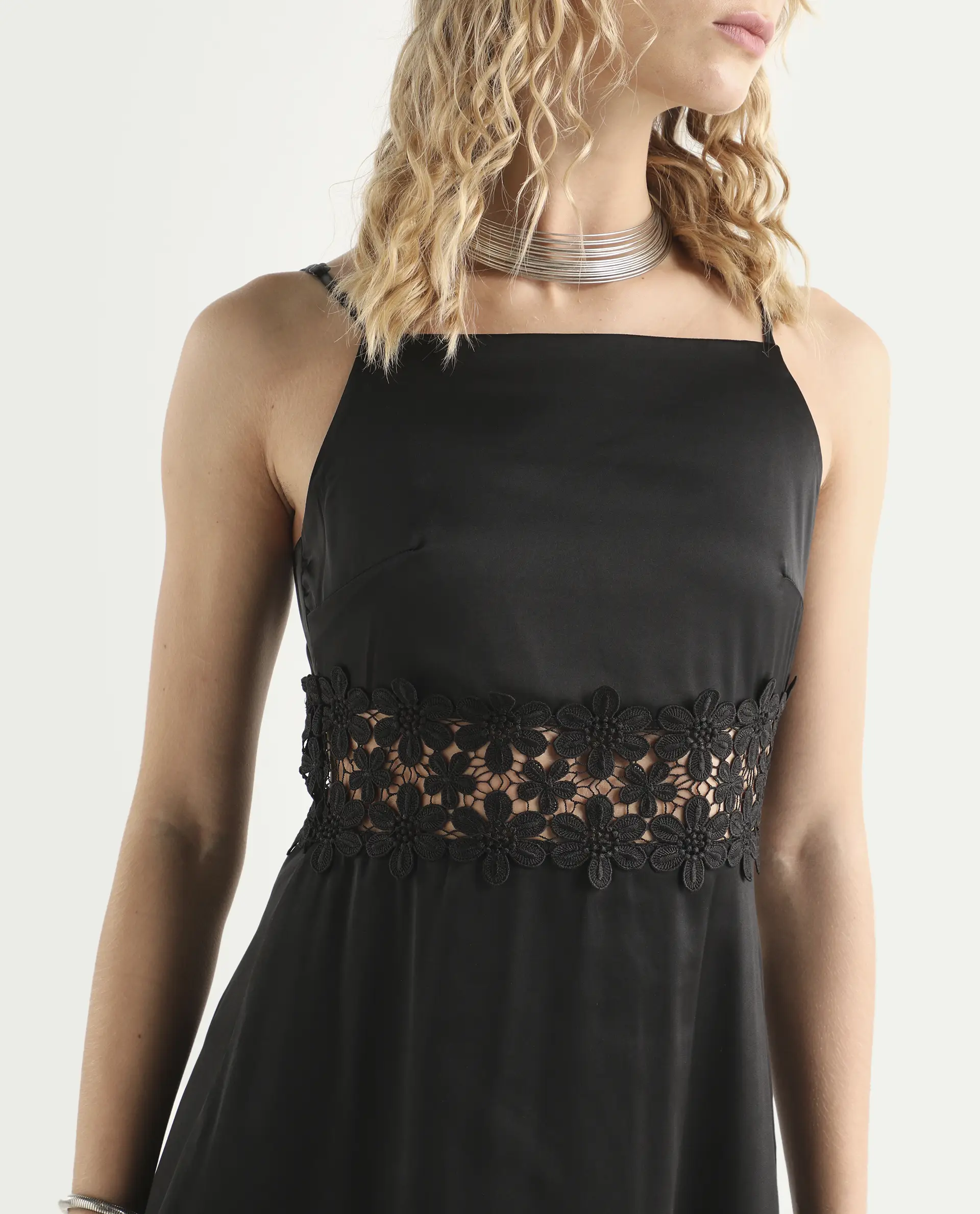 Rareism Women's Galcia Black Polyester Shoulder Strap Plain Shoulder Strap Maxi A-Line Dress - Image 3