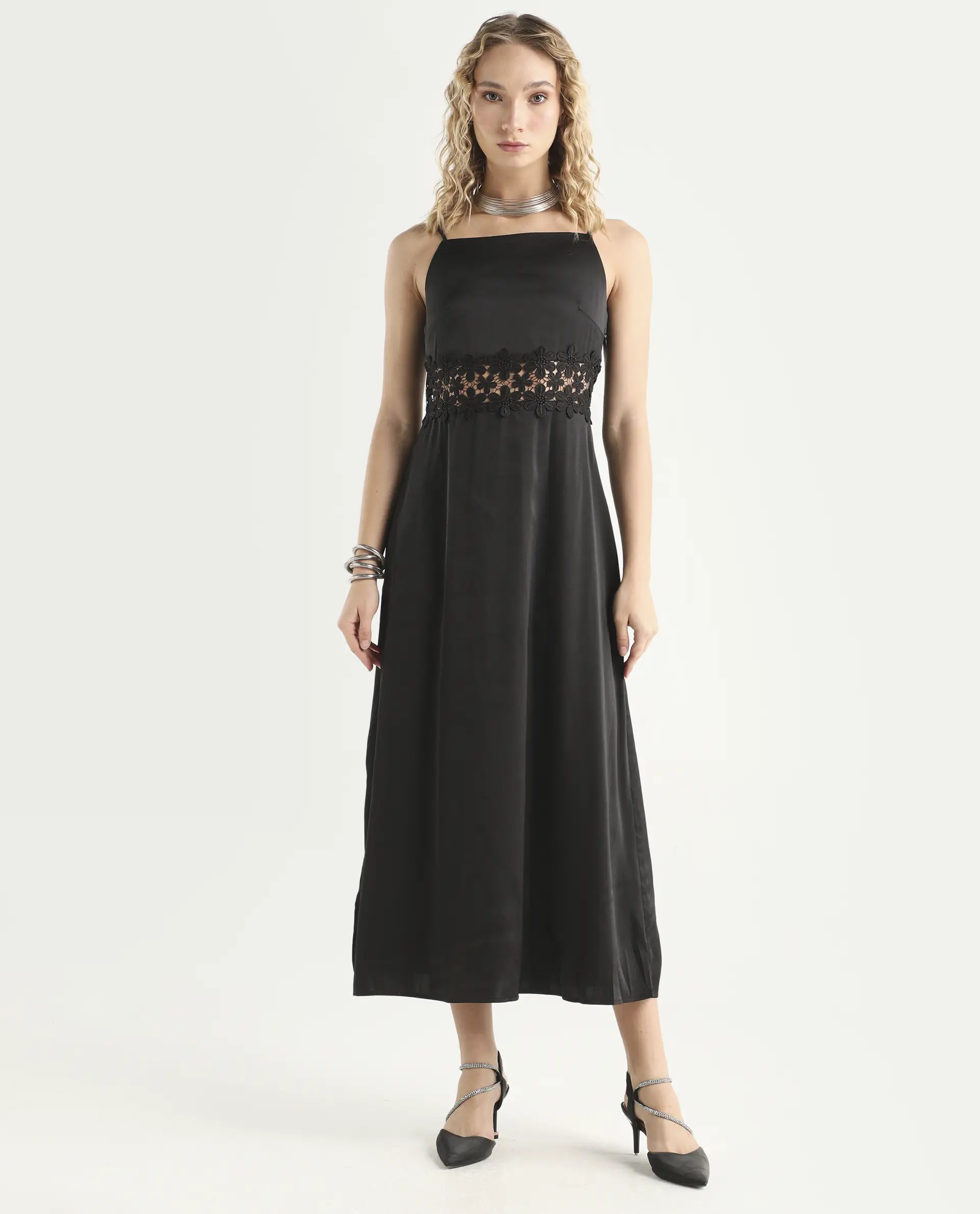 Rareism Women's Galcia Black Polyester Shoulder Strap Plain Shoulder Strap Maxi A-Line Dress - Image 4