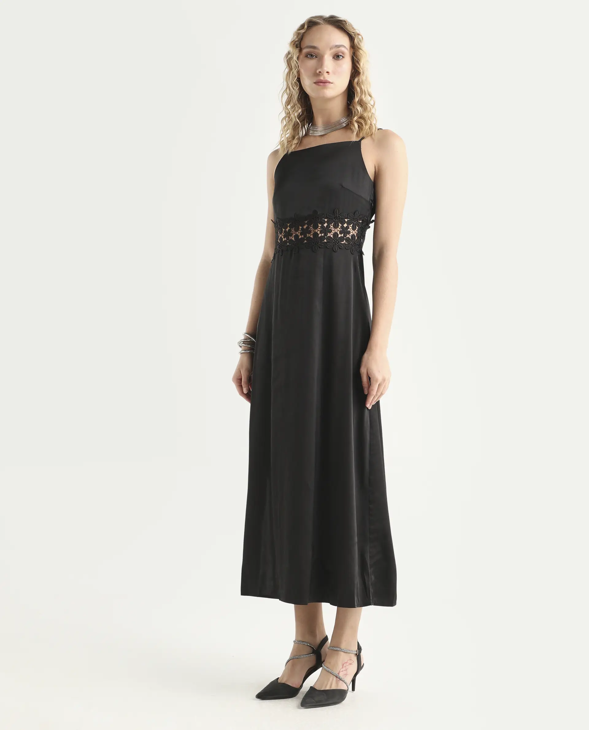 Rareism Women's Galcia Black Polyester Shoulder Strap Plain Shoulder Strap Maxi A-Line Dress - Image 5