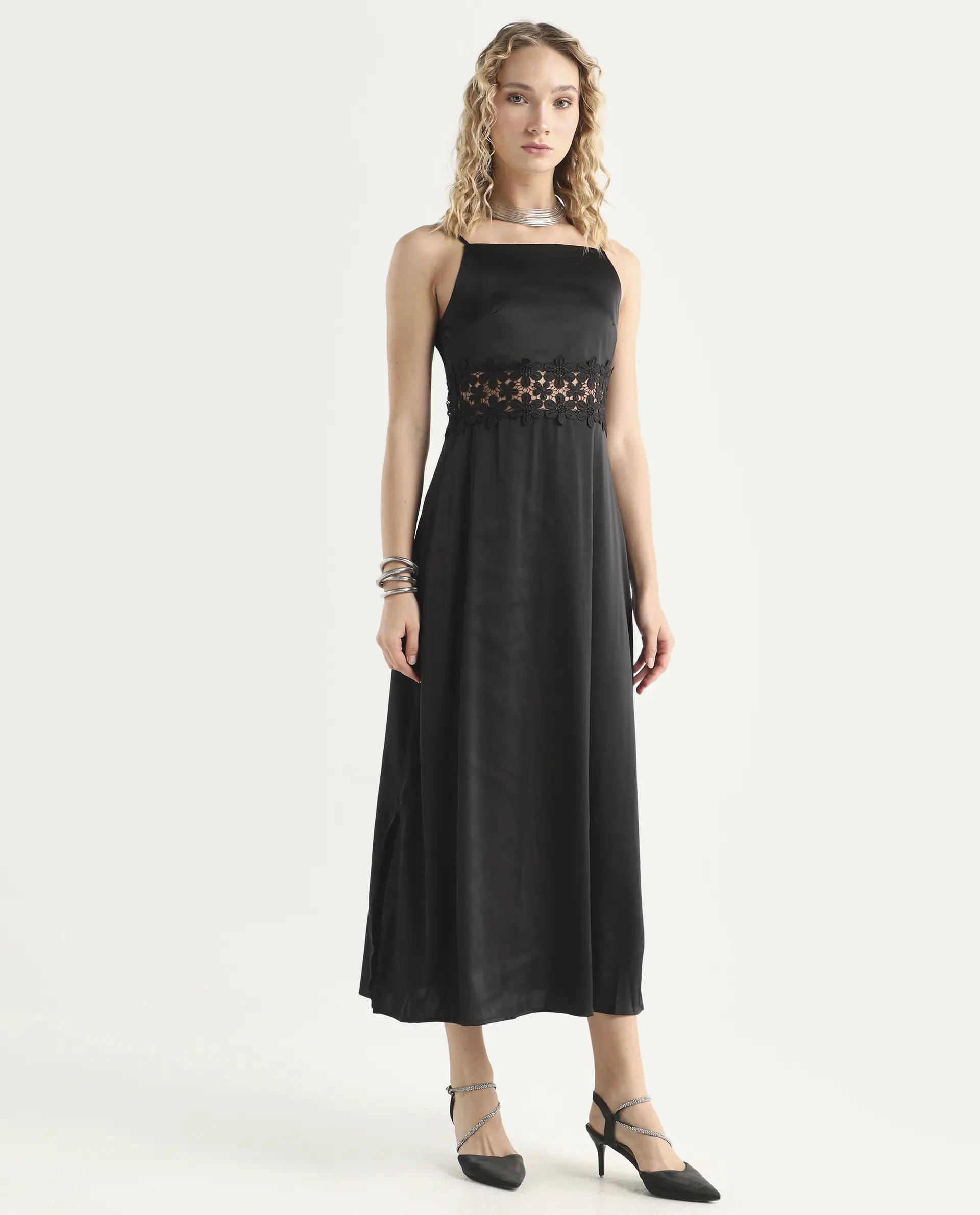 Rareism Women's Galcia Black Polyester Shoulder Strap Plain Shoulder Strap Maxi A-Line Dress - Image 6