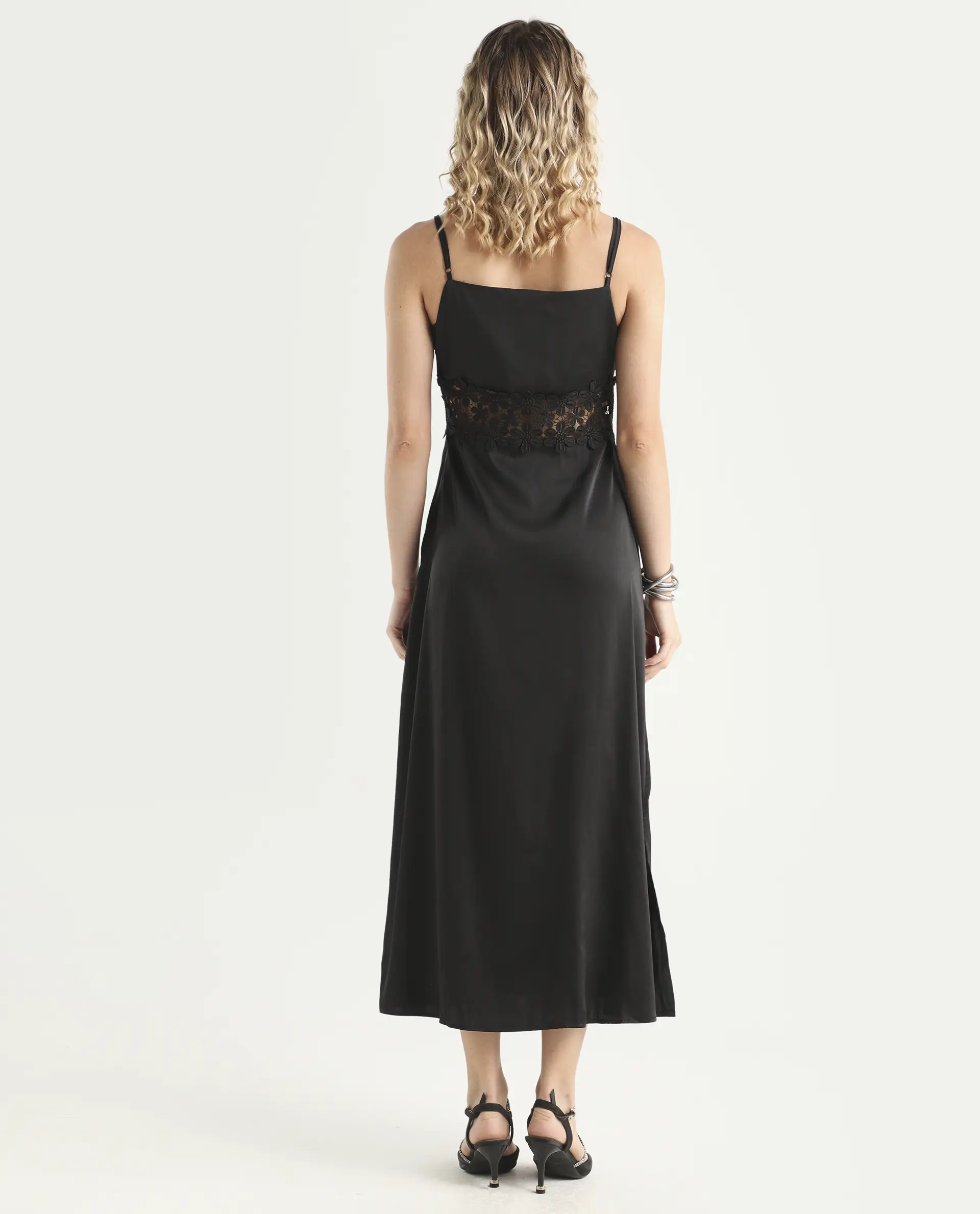 Rareism Women's Galcia Black Polyester Shoulder Strap Plain Shoulder Strap Maxi A-Line Dress - Image 7