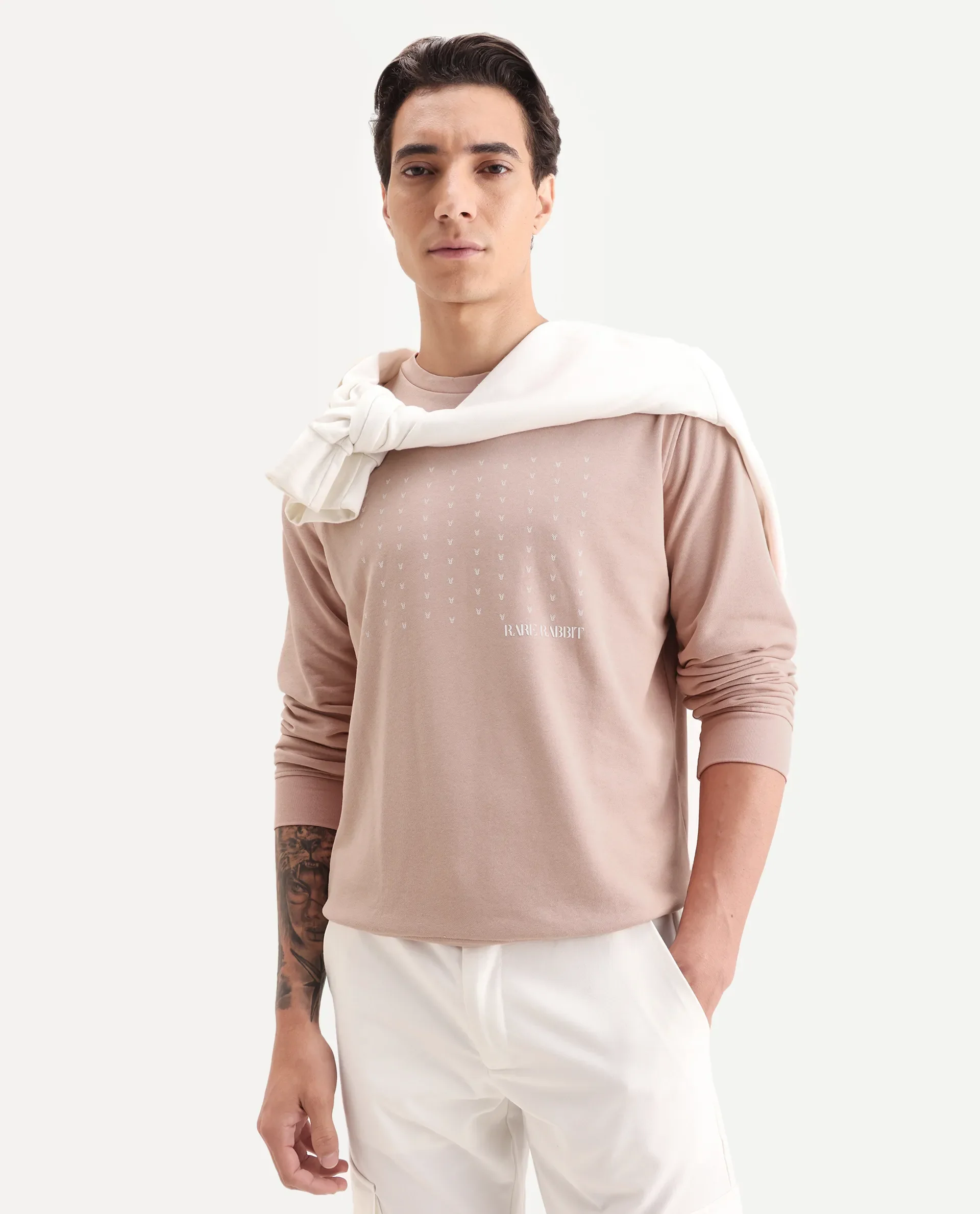 Rare Rabbit Men's Gale Beige Cotton Graphic Print Regular Fit Full Sleeve Crew Neck Sweatshirt