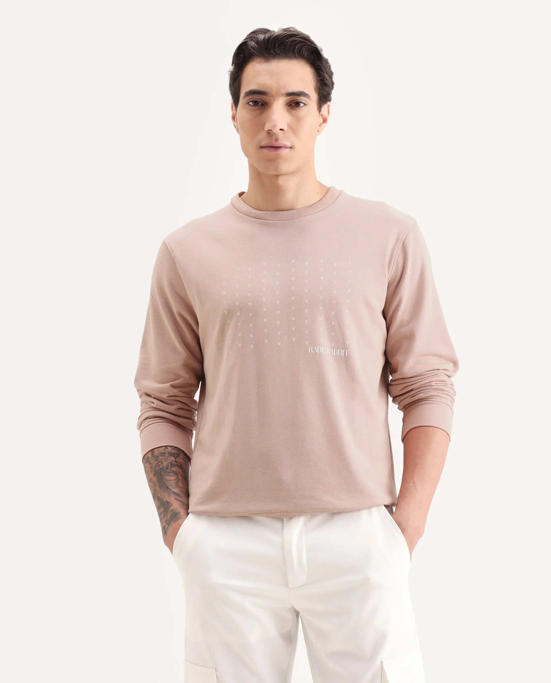 Rare Rabbit Men's Gale Beige Cotton Graphic Print Regular Fit Full Sleeve Crew Neck Sweatshirt - Image 4