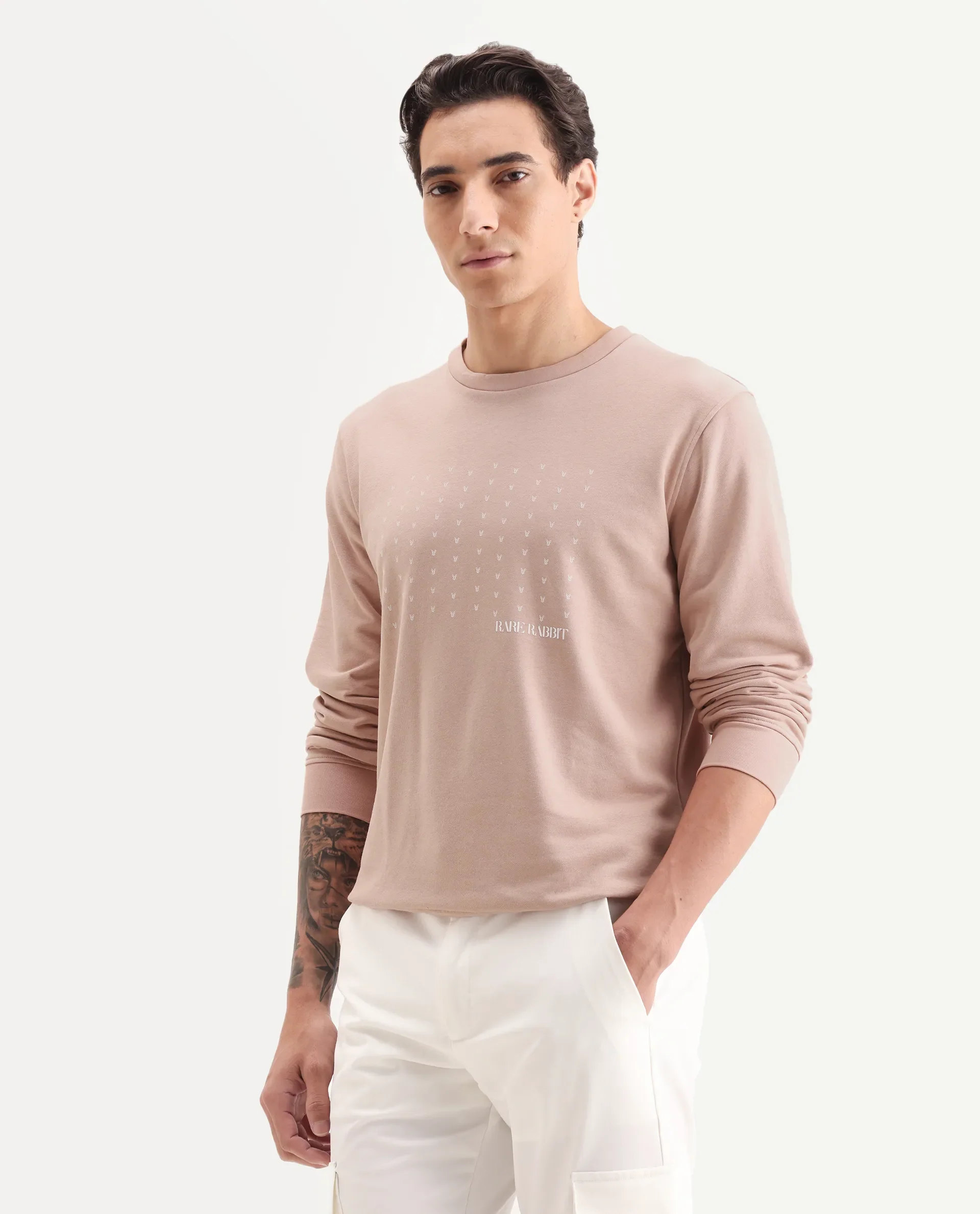 Rare Rabbit Men's Gale Beige Cotton Graphic Print Regular Fit Full Sleeve Crew Neck Sweatshirt - Image 5