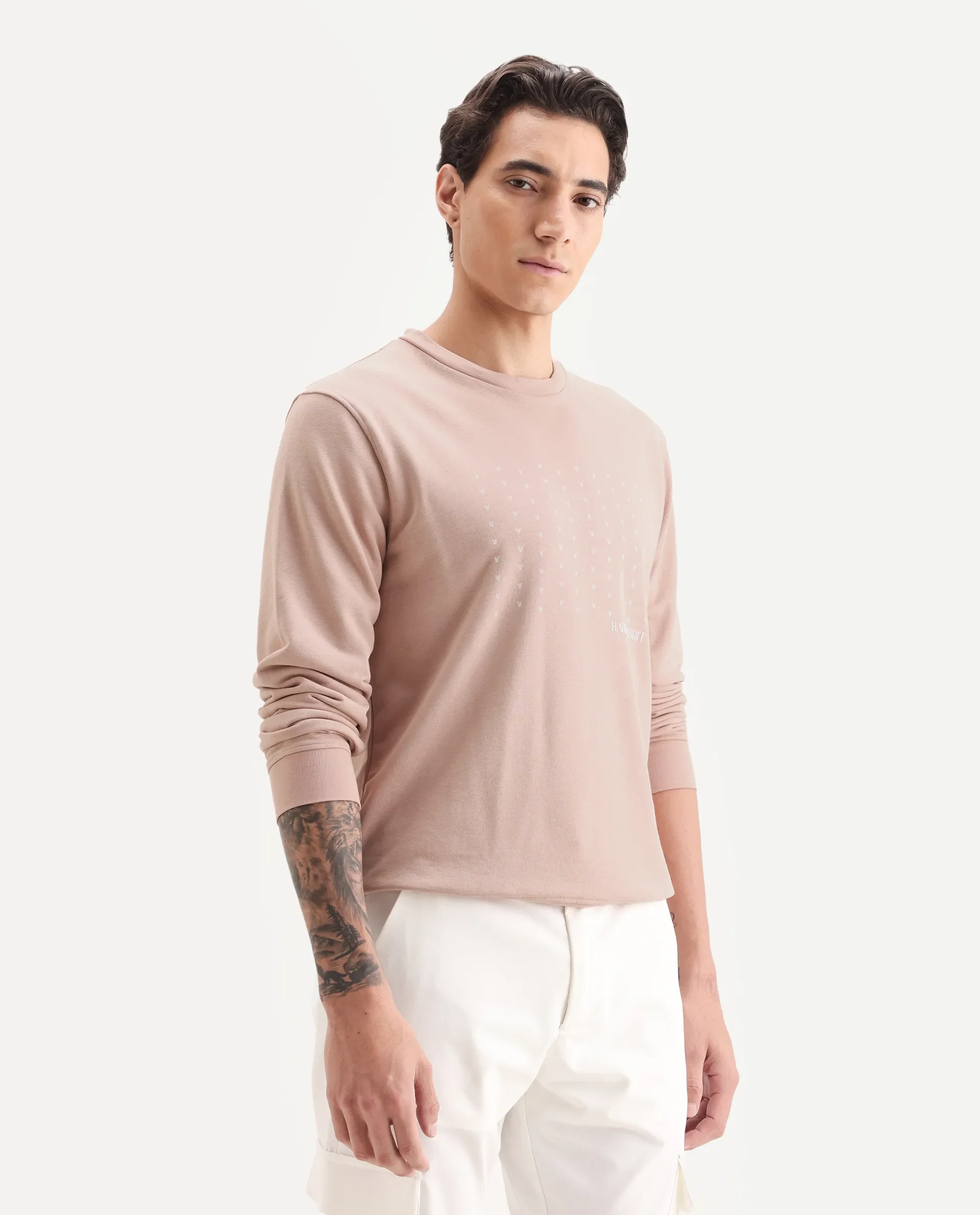 Rare Rabbit Men's Gale Beige Cotton Graphic Print Regular Fit Full Sleeve Crew Neck Sweatshirt - Image 6