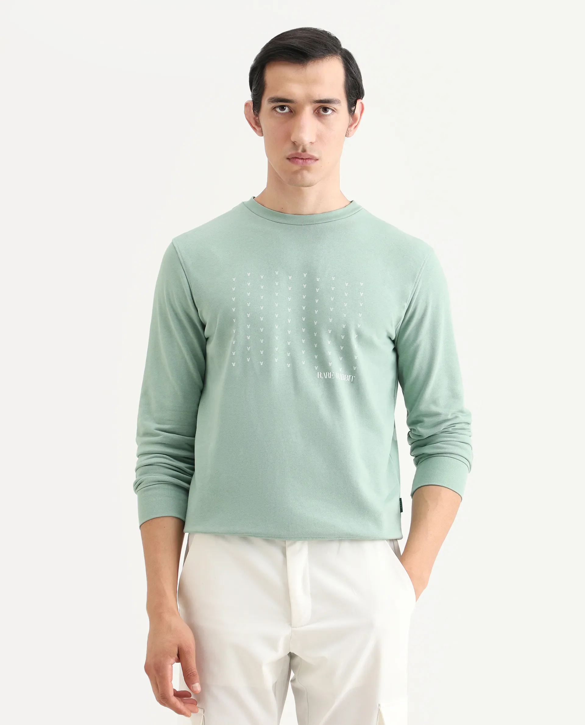 Rare Rabbit Men's Gale Green Cotton Graphic Print Regular Fit Full Sleeve Crew Neck Sweatshirt - Image 3
