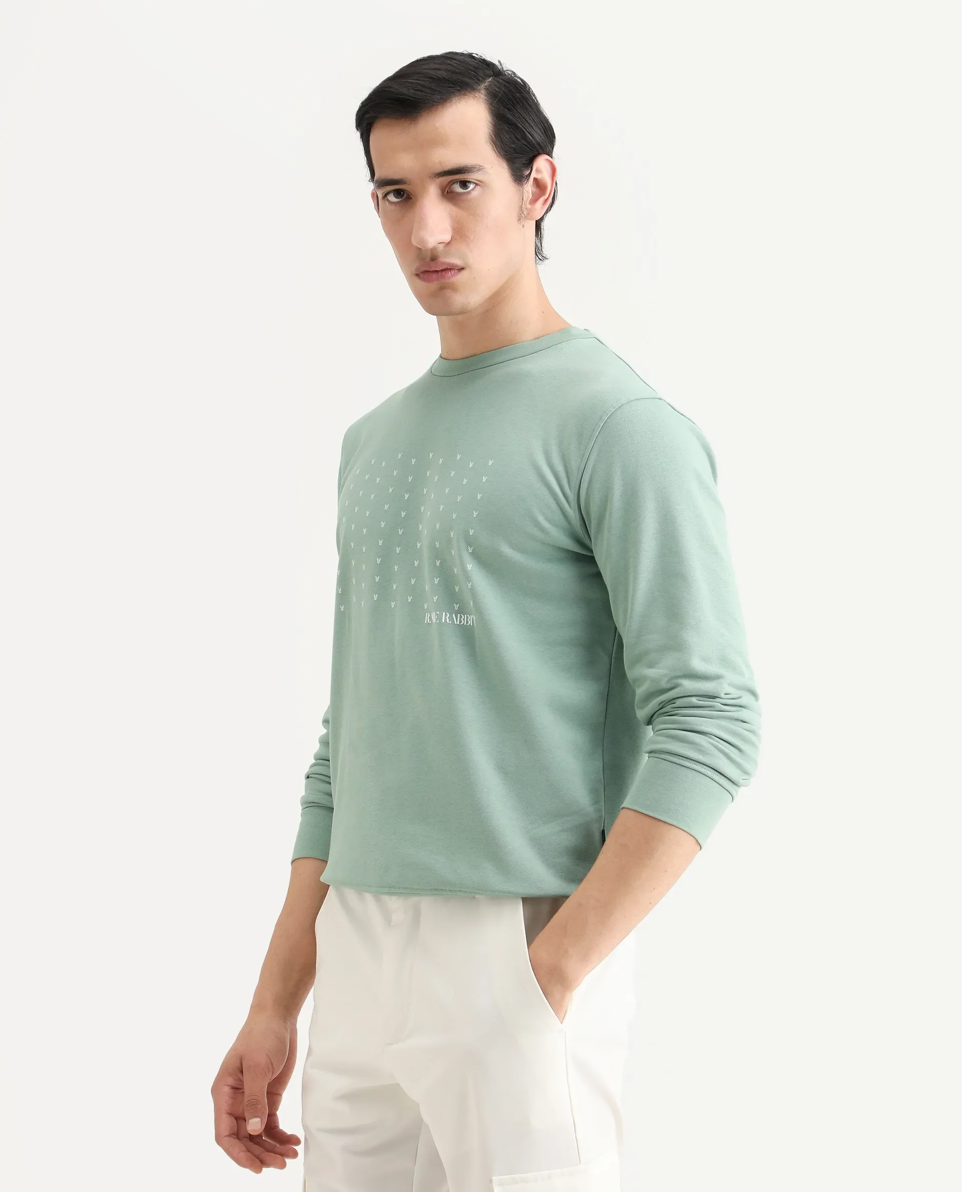Rare Rabbit Men's Gale Green Cotton Graphic Print Regular Fit Full Sleeve Crew Neck Sweatshirt - Image 5