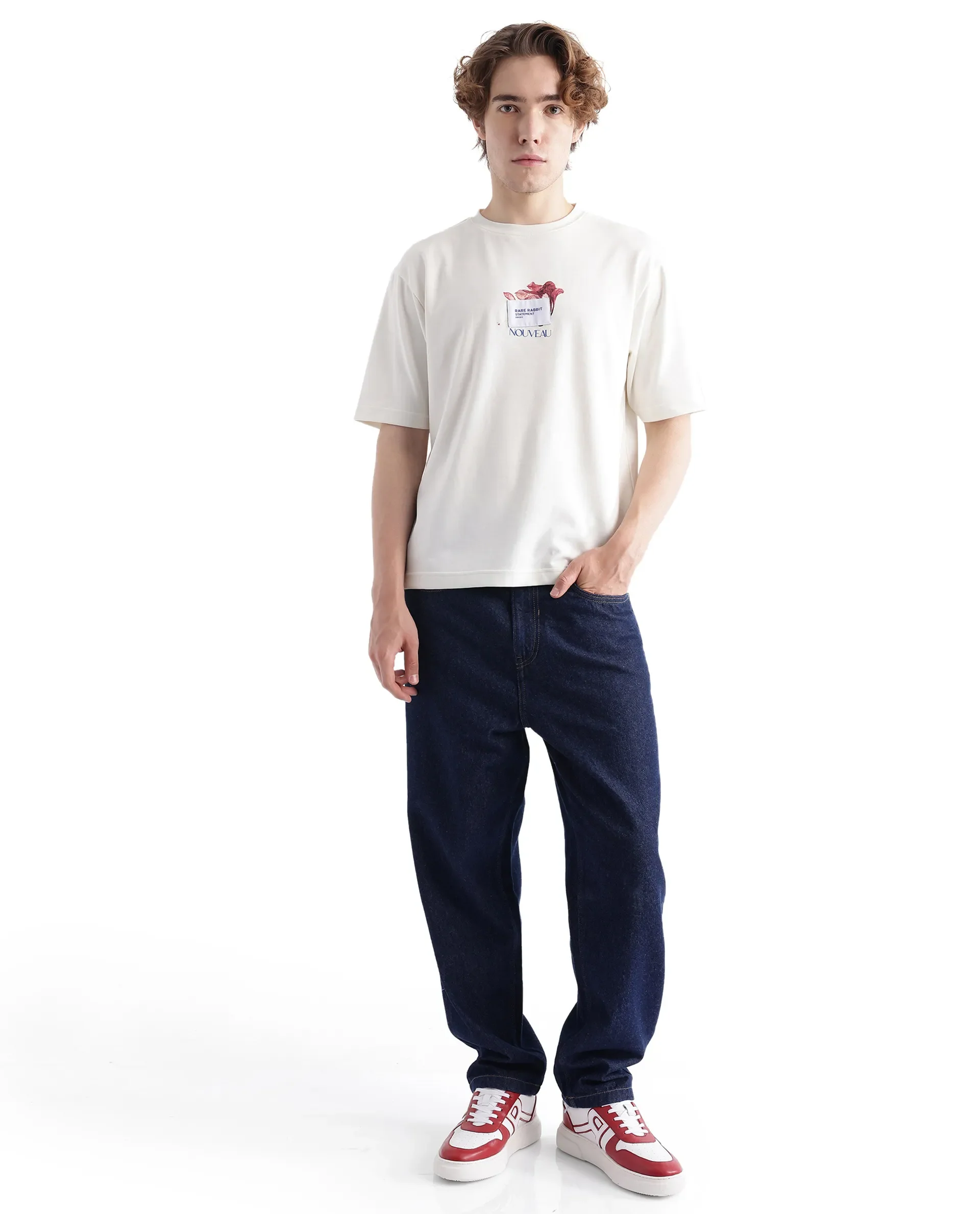 Rare Rabbit Men's Galen Off White Cotton Graphic Print Boxy Fit Half Sleeve Crew Neck T-Shirt - Image 2