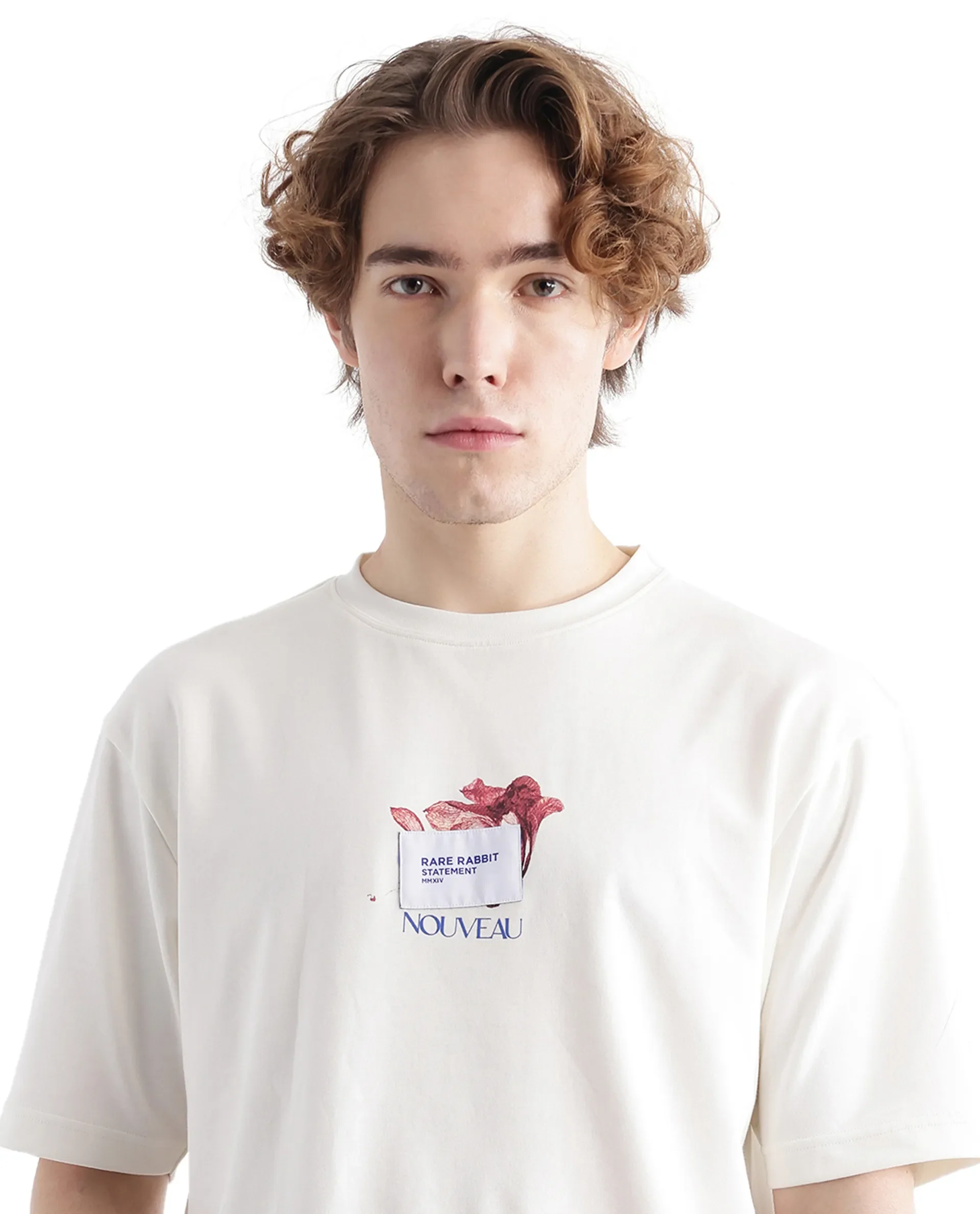 Rare Rabbit Men's Galen Off White Cotton Graphic Print Boxy Fit Half Sleeve Crew Neck T-Shirt - Image 3